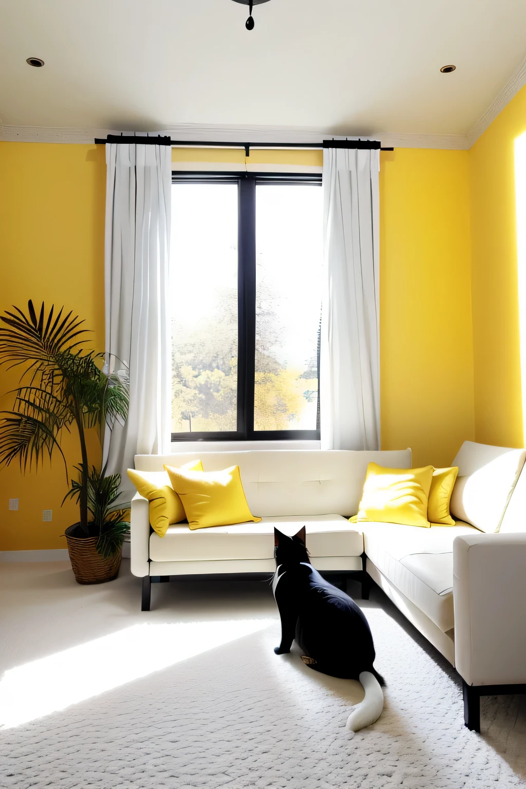 a photograph of a black and white cat, pretty yellow eyes, sitting on white couch, yellow pillow, indoors, sunlight in windows, window drapes, a white carpet floor, painting on wall