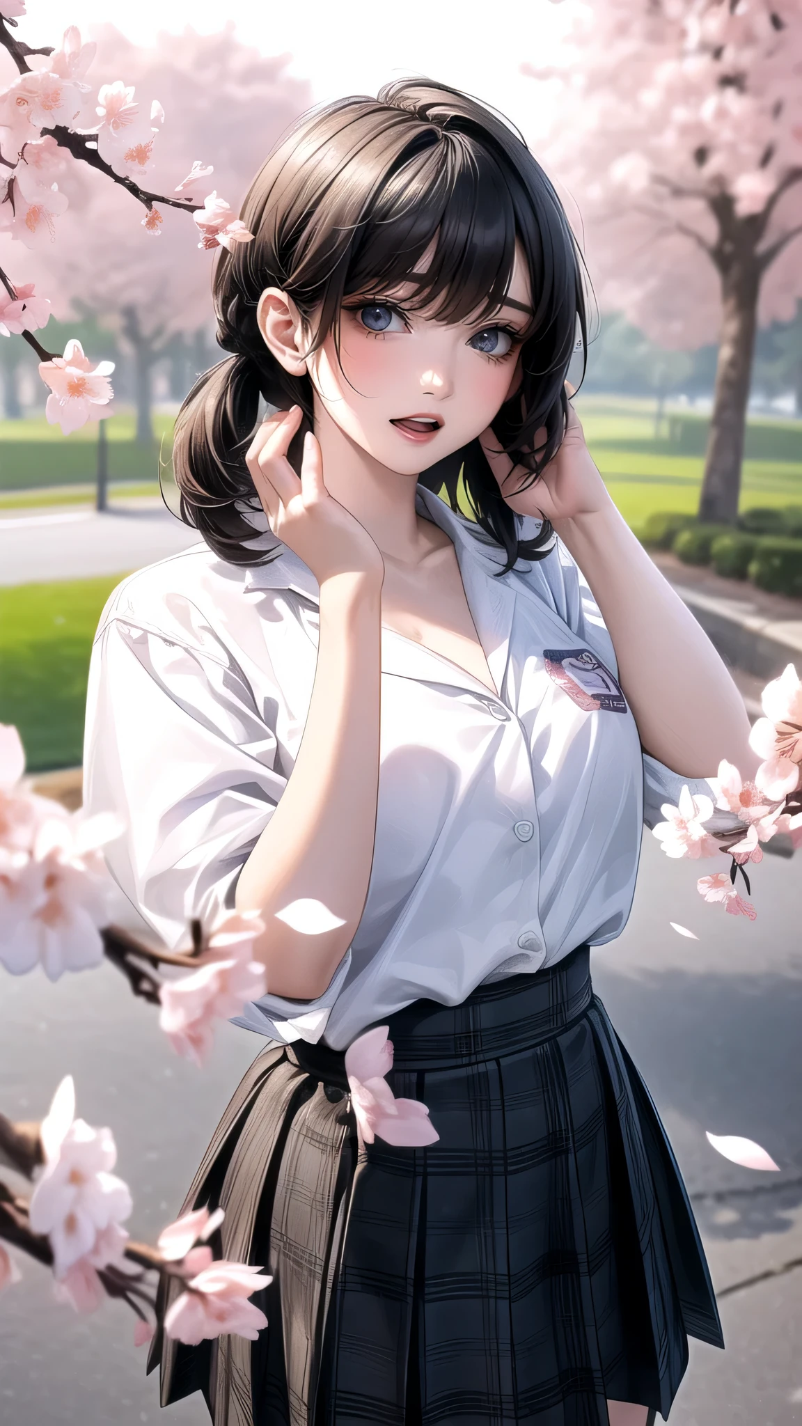 A park where cherry blossoms dance,high school girl,(random pose:1.2),(random hairstyle),(Highest image quality,(8K), Ultra-realistic, Best Quality, High quality, High Definition, high quality texture, high detailing, Beautiful detailed, fine detailed, extremely details CG, Detailed texture, realistic representation of face, masterpiece, presence)