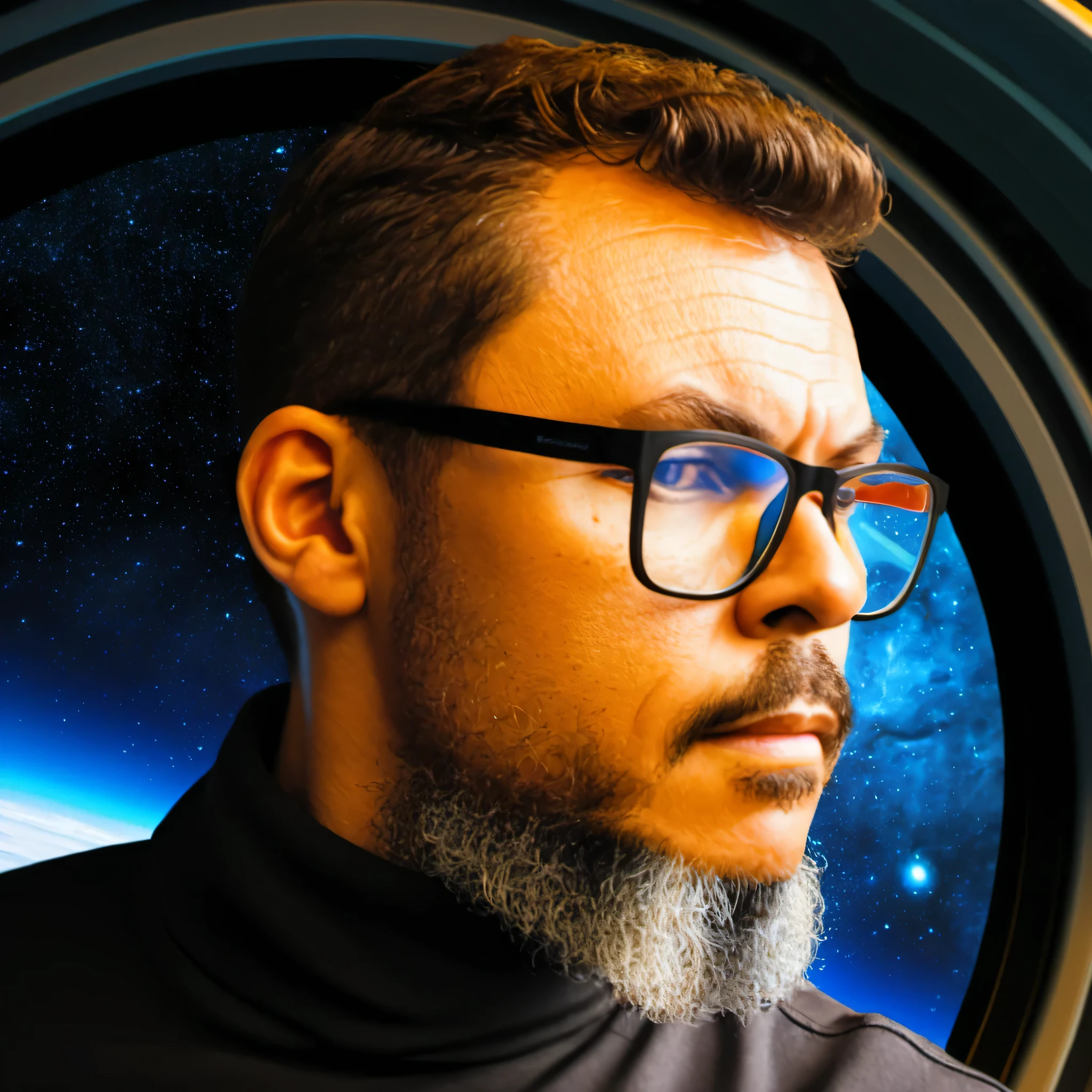 gutto2024abr,art by Rebecca Guay and cameron gray and karol bak
Close-up portrait of a man wearing glasses, Unattractive man, casual clothes, space station
"Stunning realistic image of a spaceship control system, screens, portholes Made of transparent glass with intricate details, elegantly placed inside, a bright universe that swirls like a liquid, with galaxies and nebulae, and comes to life in rainbow colors, all this is done with the stunning realism of Unreal Engine 5 and cinematic lighting."