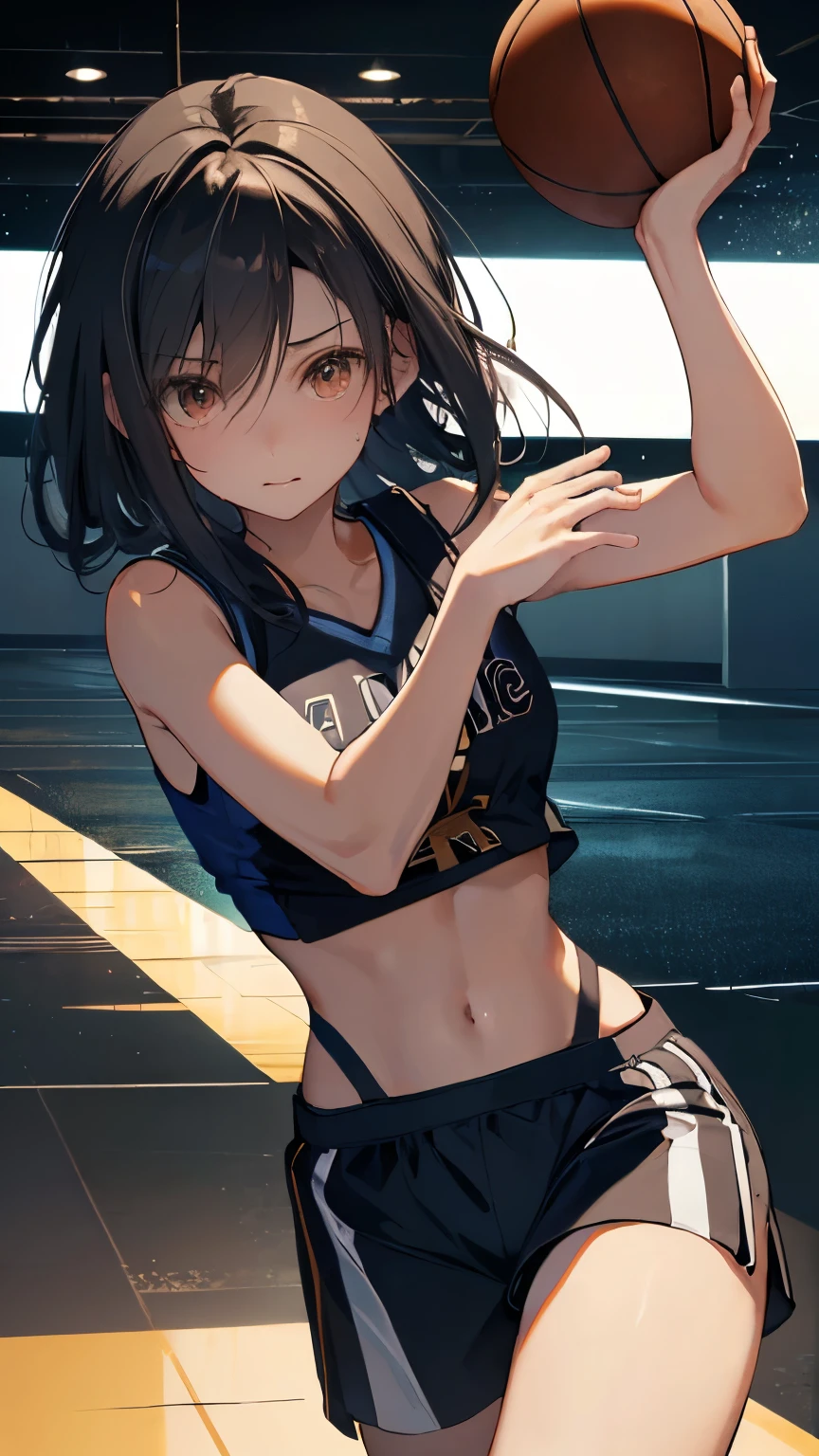 (((Best quality, 8k, Masterpiece: 1.3)), ((best quality)), ((masterpiece)), (detailed), perfect face, Professional basketball player, (hit a three-pointer), shiny sweat, black hair