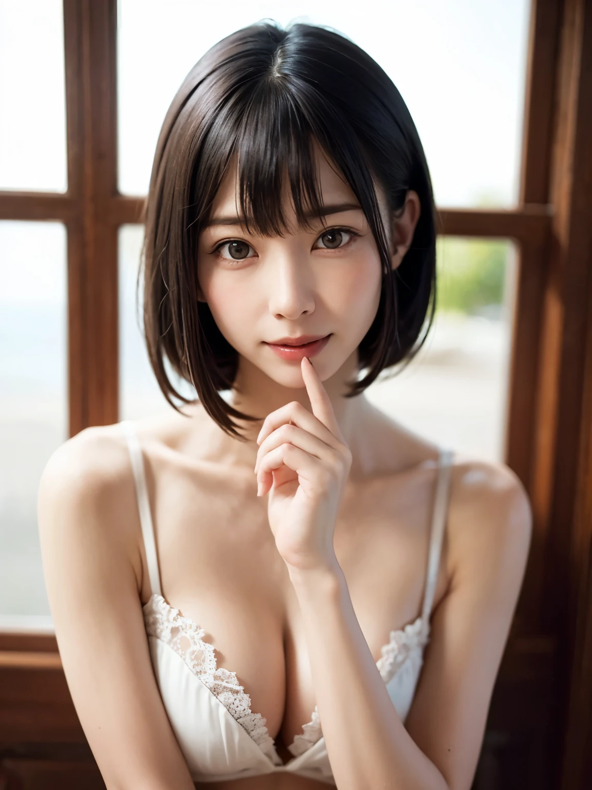 1 girl、highest quality、realistic、alone、Depth of written boundary、natural soft light、daytime、charm、beautiful face、cleanliness、pure face、white skin、cute、short hair、bangs、beach、Light of the sun、Nedium Breast Body Esbian、((セーター黄金比のbeautiful face 対称性のあるbeautiful face))、long neck、show me your ears、bangsのあるきれいな短いボブヘア、smile with your mouth closed、perfect hands指、perfect hands、perfect body、perfect face、Shine a light into your eyes、perfect anatomy:1.4、とてもcuteスーパーモデル:1.4、{Huge|big|Hugeな|mega} chest, cleavage、smile:1.6、Very beautiful teeth:1.6、beautiful decollete:1.6