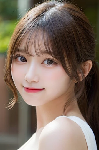 table top, highest quality, shape, Super detailed, finely, High resolution, 8k wallpaper, 完璧なダイナミックな構shape, finelyて美しい目, ladies fashion summer,ponytail hair,small breasts natural color lip, bold sexy pose,smile,20 year old girl、cute、sexy shot looking at camera,Wake up,realistic quality,blonde,Eyes to the left,A little sharp beauty,Don&#39;Don&#39;don&#39;t wear clothes,whole,topless nude