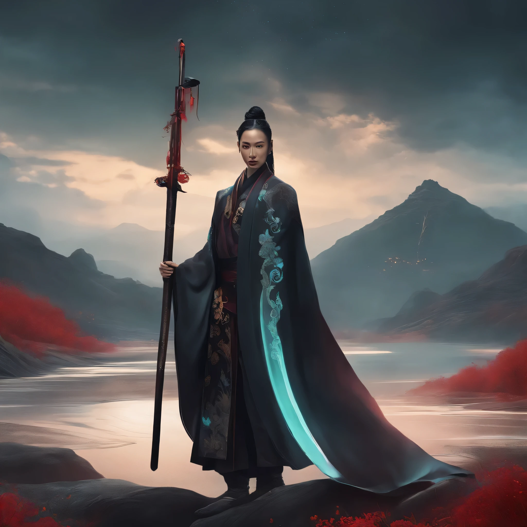 cyberpunk character,Taoist robes,cultivation of immortals,water ink,High Hills,self-confident,Magic Wind Road Bone,Blood flow in the background