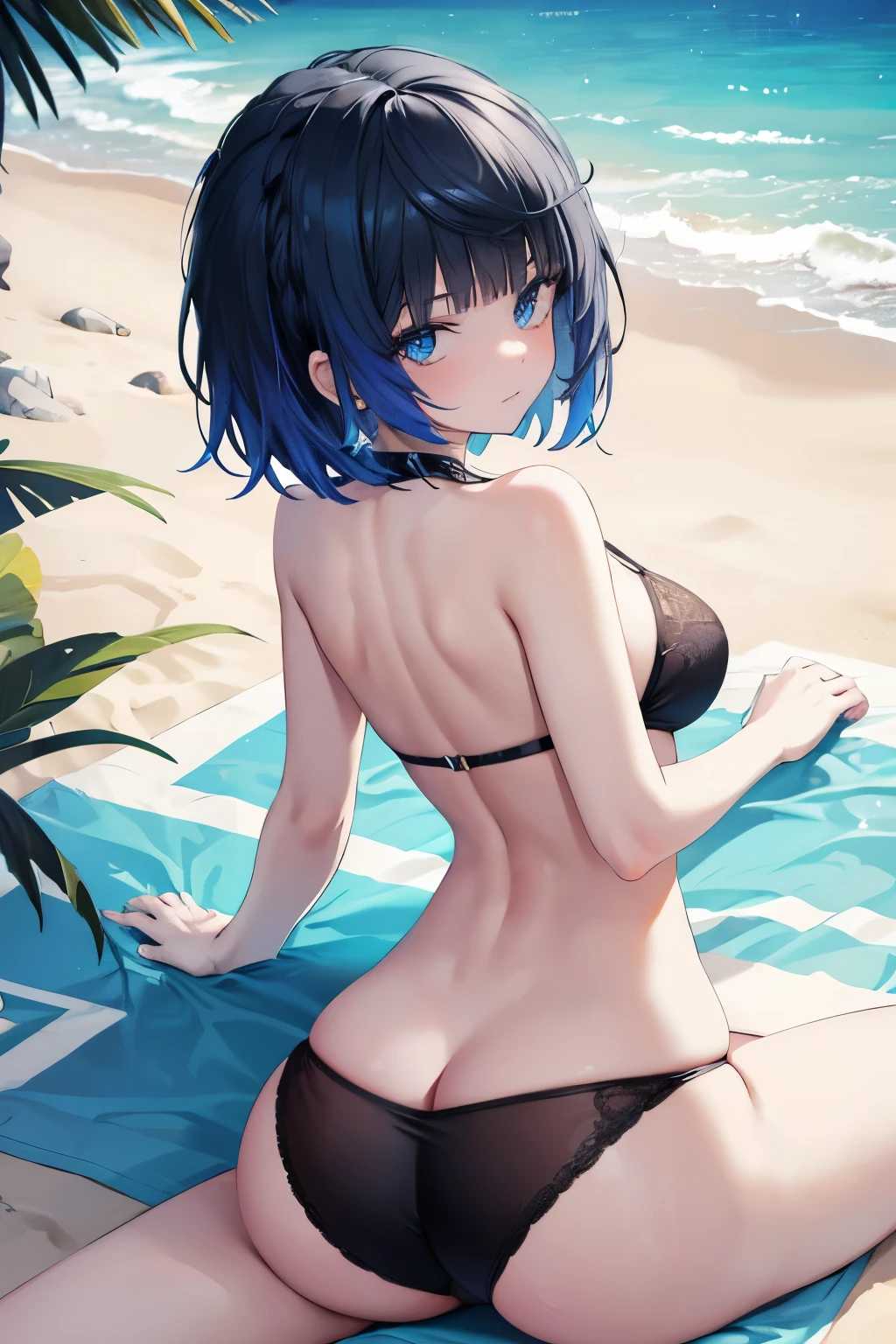 YelanV4, ((Yelan lying on stomach)), on beach, black lingerie, from behind, looking back, (detailed face), blue eyes, (detailed eyes), symmetric eyes, facial details, atheletic back, voluptuous body, slim waist, HD, 8K, vivid colors, intricate, sunny day, sand, waves, blue sky, string panty, ass close-up