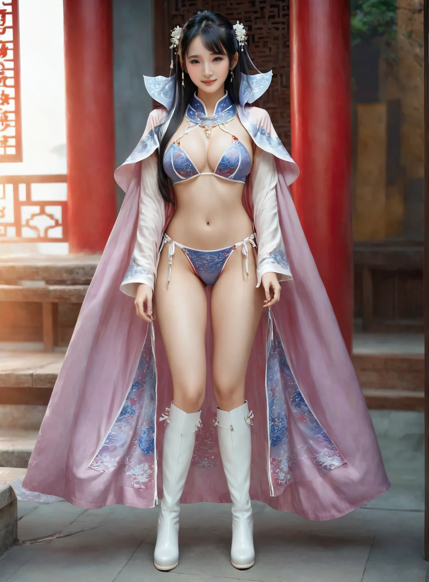 美麗的fantasy皇后, anime goddess, sweet smile, full body xianxia, ((美麗的fantasy皇后)), Sexy red bikini underwear，high-cut underwear，high cut underwear，Long-legged girl，put on boots，white boots，huge breasts，Put on your hat, Chinese Hanfu，fantasy服装, Sha Xi, ((美麗的fantasy皇后)), Put on a priest&#39;s cloak, Full red cloak, 穿着fantasy服装, Anime girl cosplay watching the audience，Face the audience，put your hands next to you,flowing long hair，Surreal 8000g，Impeccable，masterpiece，professional artwork，famous artwork，Light，movie bloom，perfect face，pretty face，fantasy，Dreamy and magical，not real，intricate details，Exquisite patterns