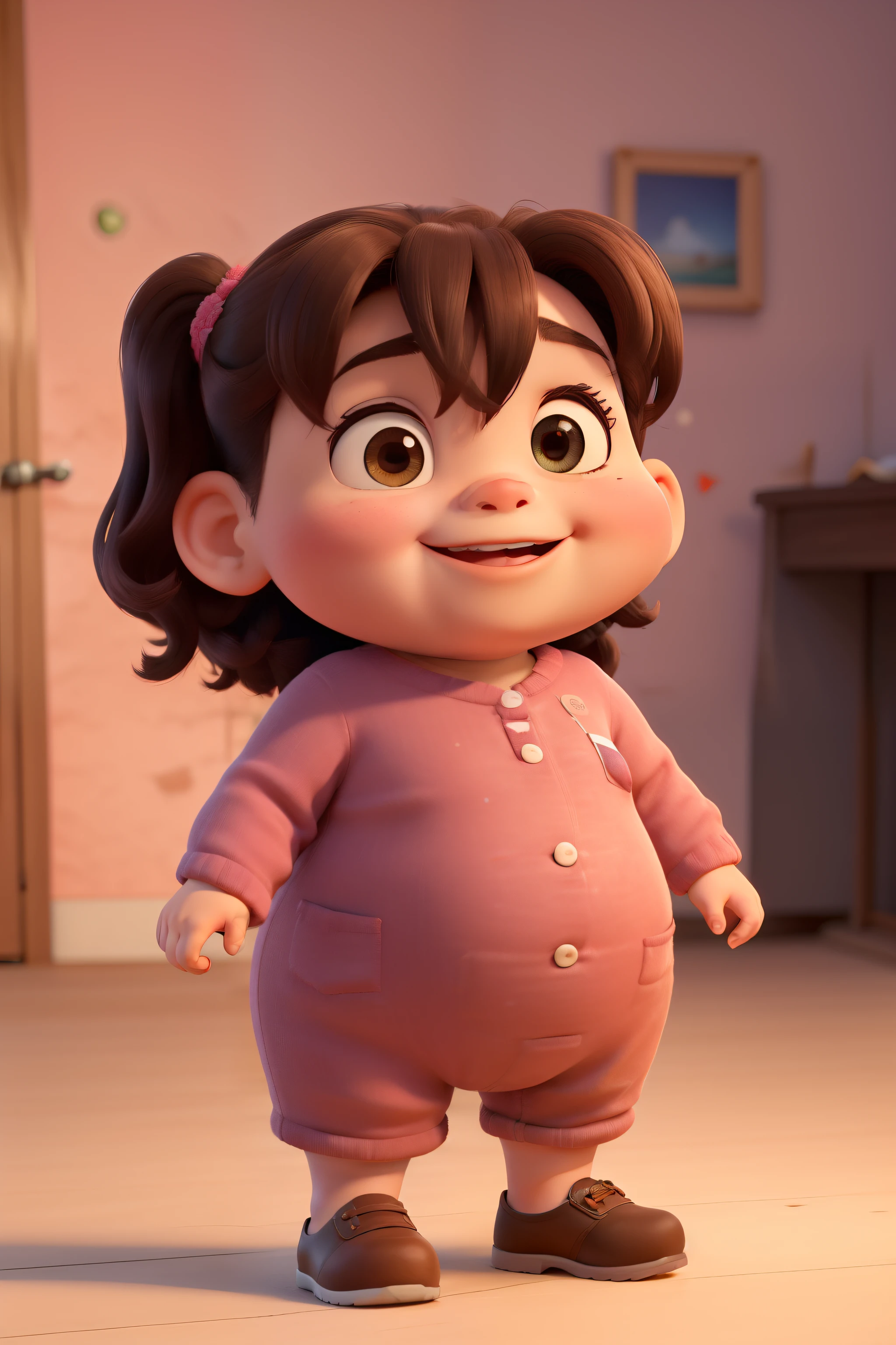 ((Melhor qualidade)), ((obra de arte)), (detalhado), rosto perfeito, , Gordinha, overweight , fofinha, sorrindo muito feliz , making a thumbs up with your hand up, pilando de alegria, usando um vestido rosa bebe, com o cabelo rosa bebe, com um pentiado amarrado com duas chiquinhas, com buxecha gorda