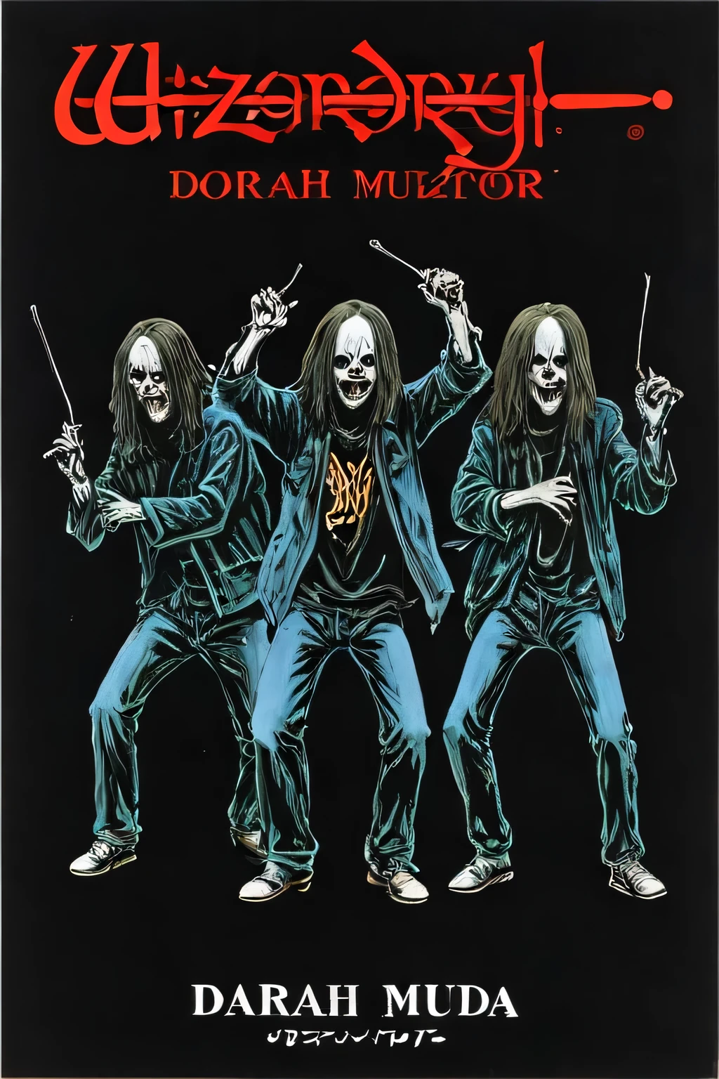 (wzdry:1.1) poster with text 'Darah Muda', depicting a scary spooky (gruesome:1.1) drawing of (angry:1.1) (group of young man enjoying music while 2 step mosh with a music band:1.1) ghostly, from a Japanese 70s horror movie poster, dark background, black background, FADED COLORS