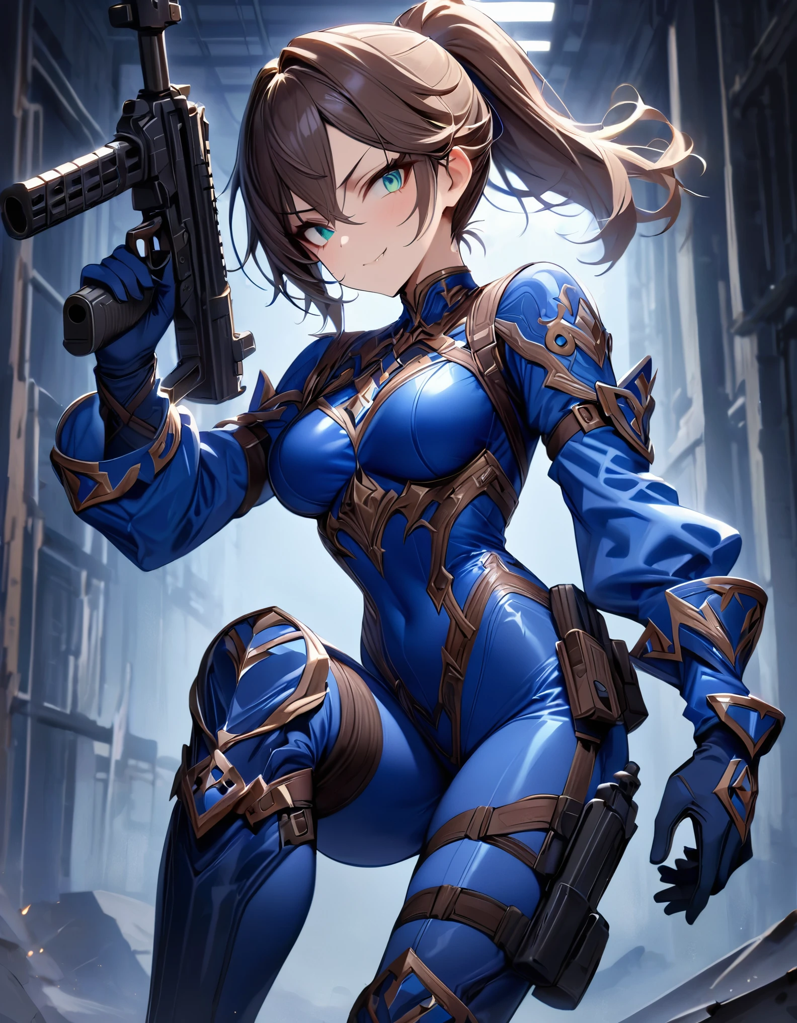 masterpiece, best quality, 1lady, solo, solo focus, (tall body), hispanic, brown hair, short hair, ponytail, blue-green eyes, medium breasts, beautiful detailed eyes, beautiful detailed face, smirk, (cowboy hat), ((bodysuit, solid blue bodysuit, (leotard, dark blue leotard), long sleeves, gloves, dark blue gloves, matching gloves, boots, combat boots, dark blue boots, matching boots)), drop-down pistol holster, knee pads, (holding weapon, assault rifle), full body with costume, full body, cowboy shot, empty warehouse, danger atmosphere,