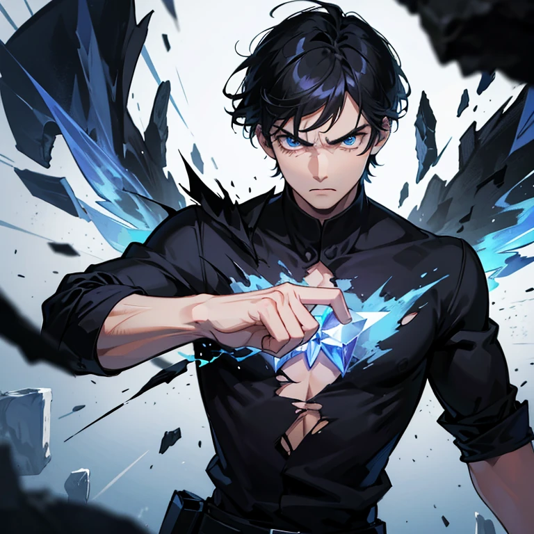 1boy, black hair, blue eyes, angry expression, fighting, torn shirt, perfect face, strong, crystal wings