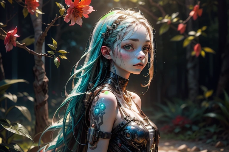 (BioPunk Girl:1.4), mullet hairstyle, (Translucent pale skin:1.4), No humans, Beautiful eyes with fine symmetry, Spaghetti-Strap Plain Midi A-line Dress, (Intricate details:1.2), (Highly detailed face and eyes:1.2), No makeup, (dark circles:1.1), midnight aura, Creation of fantasy, Thrilling color schemes, posing for a photo, (delicately carved stone path, translucent tree with cyan leaves and delicate red flowers), (Delicate images), (Raw photo: 1.2), (Photorealistic: 1.6), (Highly detailed), (high resolution), (Best quality), (masterpiece)
