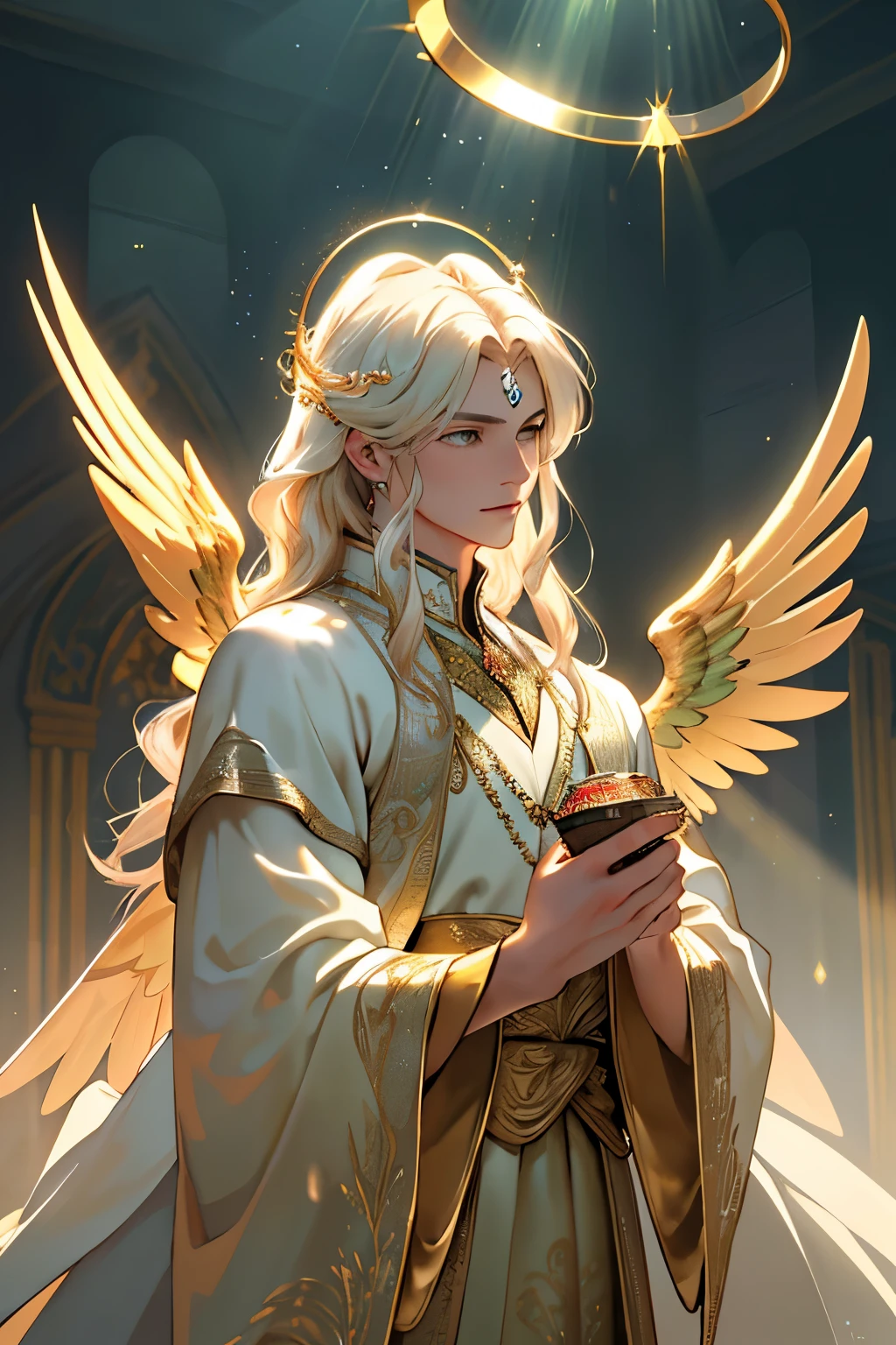 (best quality,4k,8k,highres,masterpiece:1.2),ultra-detailed,(realistic,photorealistic,photo-realistic:1.37),angel,greedy,beautiful detailed eyes,beautiful detailed lips,extremely detailed wings,golden halo,golden feathers,glistening golden dress,shimmering light,flawless skin,floating in the sky,holding a bag of gold coins,sparkling treasure,trapped souls trying to escape,golden rays of sunlight,heavenly glow in the background,rich colors,emerald green scenery,enchanting atmosphere,harmonious composition,ethereal beauty,dark secrets,temptation,immortal being,wealth and power,greed and desire,divine creature,lust for gold and riches,alluring presence,unquenchable hunger,searching for more,transcendent aura,mesmerizing gaze,infinite wealth,overwhelming desire,irresistible charm,magnificent masterpiece,sublime artistry,strong light and shadow contrast,mysterious shadows,captivating perspective,enigmatic halo of light,enchanted dreamscape