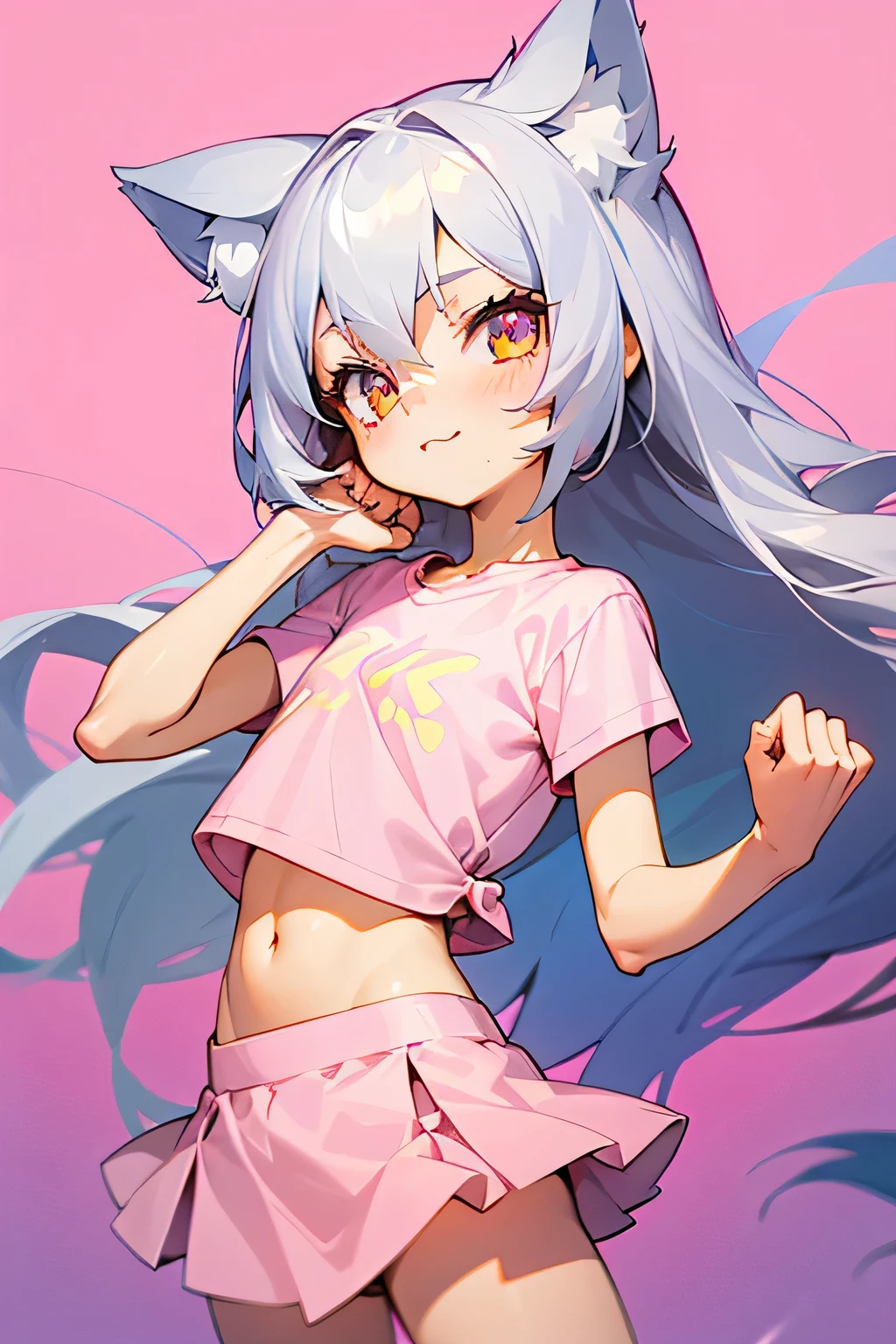 1girl, silver hair, golden eyes with pupils, ((skinny)), ((ite)), small, ((neko)), (cropped solid pastel pink tshirt), long hair, short skirt, (((kid))), cat ears, happy, blush, flat chest, midriff, at school, hand on tummy