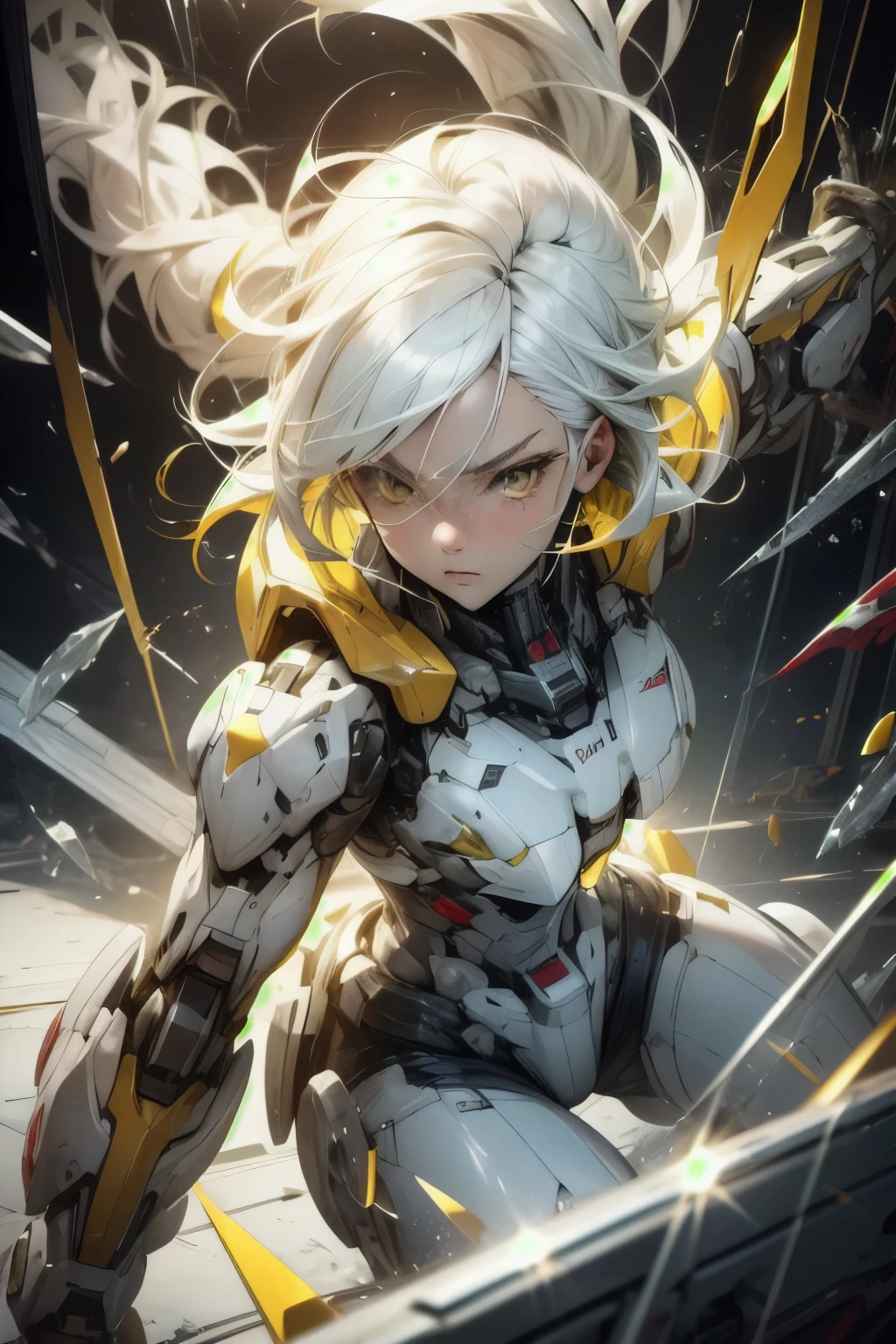 Girl. Mecha Girl. Very heavy machine armor. wing unit, holding weapons, yellow eyes, action pose, battle, serious, battlefield, ((highest quality)), (super detailed), ((very detailed)), clear outline, (8K), battlefield background, (complex mechanized armor), (perfect face), beautiful eyes, (perfect eyes), (perfect background),