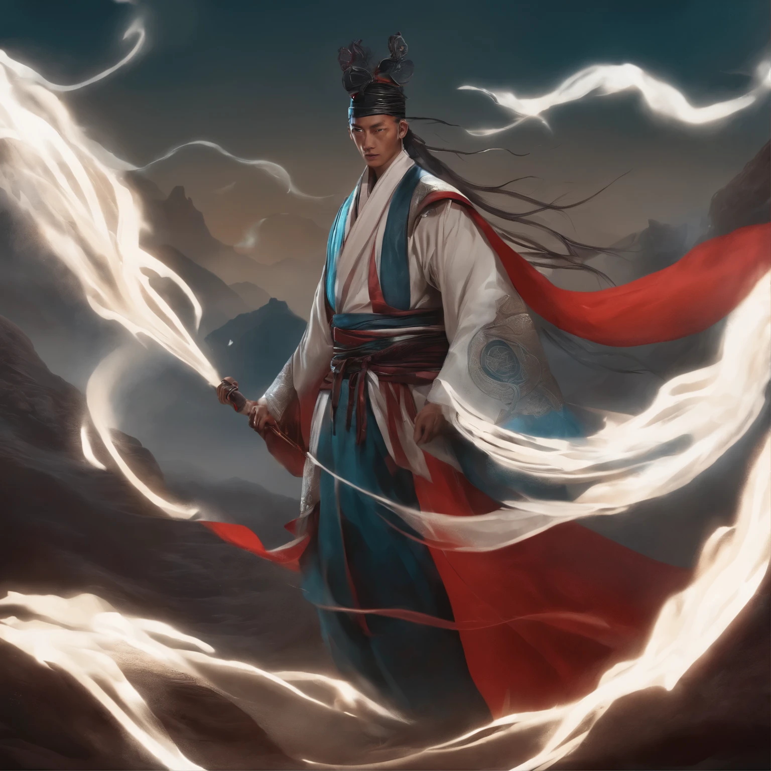 cyberpunk character,Taoist robes,cultivation of immortals,water ink,High Hills,self-confident,Magic Wind Road Bone,Blood flow in the background