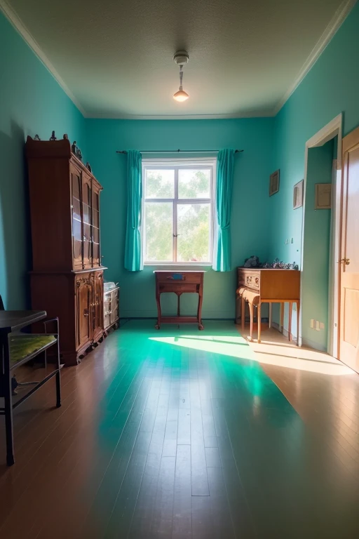 Liminal space, dream core, nostalgia core, Anemoia, Kenopsia, Poolrooms, location based on the Sanitorium Ingul in Mykoilav, Ukraine, based on level 37 of the Backrooms, Greenish-blue water, soft colors, vivid colors, pastel colors, soft shading, dimly lit, darkly lit