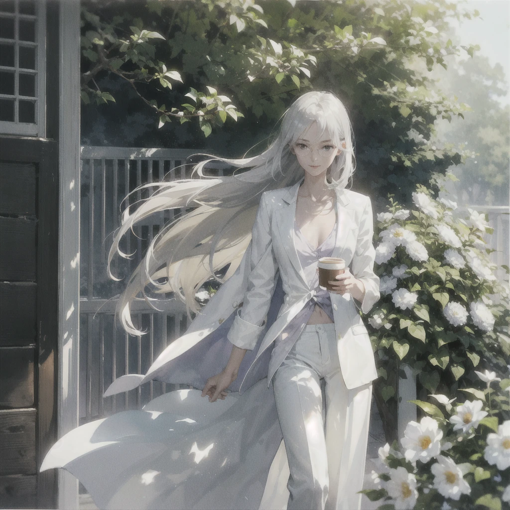 Exquisite slender gentle girl of 20 years old with a perfect gentle face with long straight blond silver hair with lilac eyes in the rays of the rising sun, naked with tender breasts, barefoot (in white trousers and a white jacket) (in round glasses) drinking on the veranda in the garden (Coffee) and looks at the flowers, in watercolor style, discreet light shades, Flares, imitation of film photography, against the sun, a lot of sun glare, light fills the frame