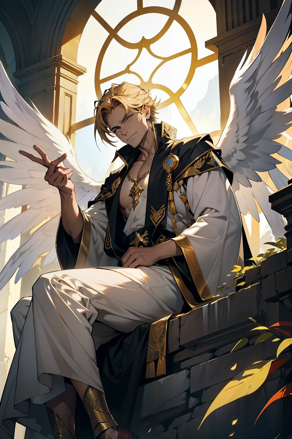 A masculine figure of a greedy angel perched arrogantly on a craggy wall, his wings folded behind him. His golden feathers shimmered in the ethereal light, revealing intricate designs that spoke of his otherworldly beauty. His piercing gaze bore down upon the mortals below with contempt, a subtle smirk playing on his chiseled features. His expression was that of a regal king, looking down upon his domain with a sense of entitlement and hunger. His honey-colored eyes were sharp, almost predatory, glinting with avarice. His lean, muscular frame was clad in tattered robes, torn from the relentless battles between the