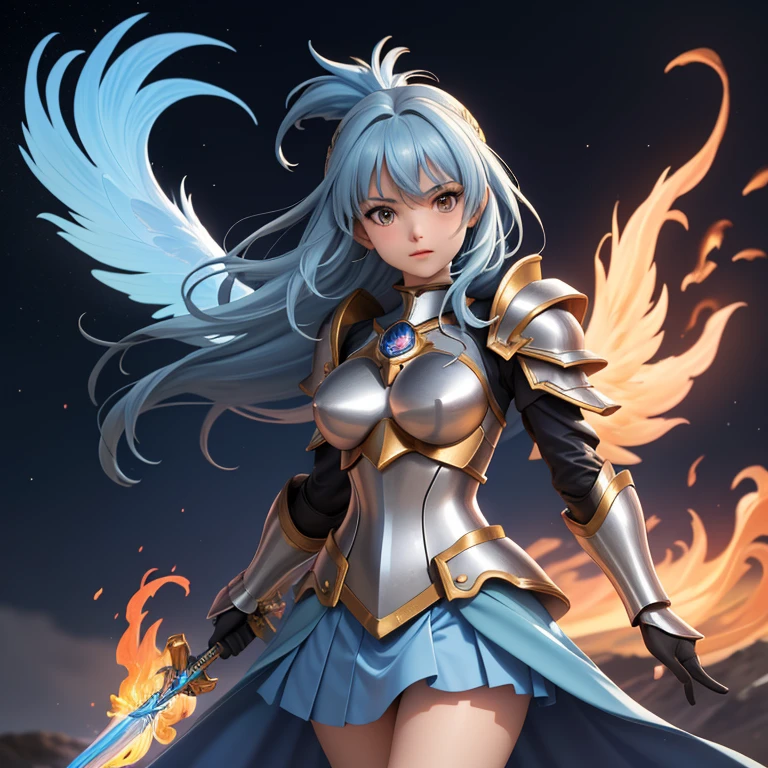 une femme, 25 ans, manga, cheveux longs, cheveux de couleur bleue, blue hairs, grey armor, armure de couleur grise, armure du phoenix de couleur grise, jupe en plumes de phoenix, phoenix feather skirt, pink shest armour, saint seiya, ikki, phoenix, casque, chevalier du zodiaque, sur une ile volcanique, lave, volcan, flammes, flames, volcano