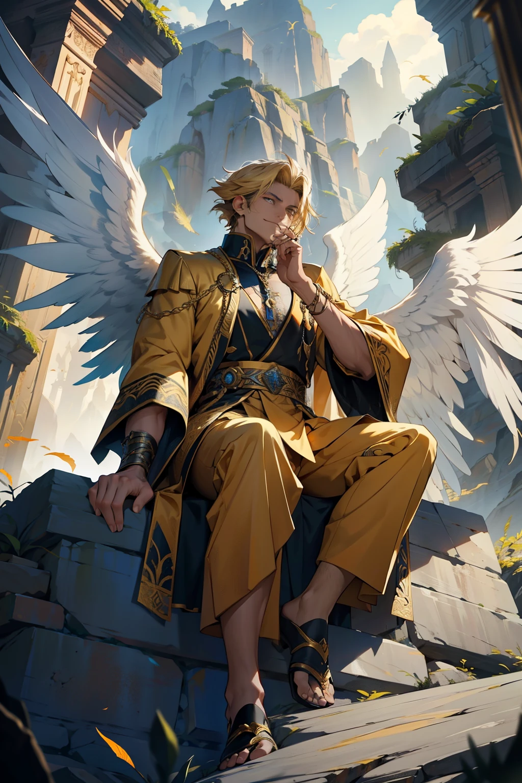 A masculine figure of a greedy angel perched arrogantly on a craggy wall, his wings folded behind him. His golden feathers shimmered in the ethereal light, revealing intricate designs that spoke of his otherworldly beauty. His piercing gaze bore down upon the mortals below with contempt, a subtle smirk playing on his chiseled features. His expression was that of a regal king, looking down upon his domain with a sense of entitlement and hunger. His honey-colored eyes were sharp, almost predatory, glinting with avarice. His lean, muscular frame was clad in tattered robes, torn from the relentless battles between the