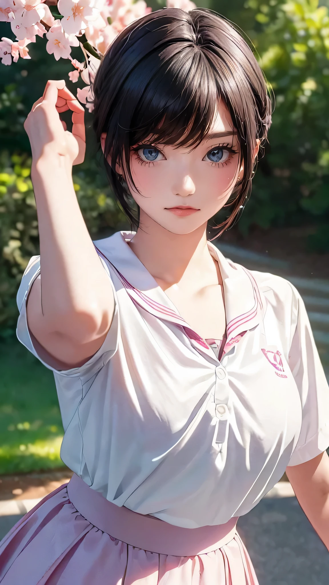 A park where cherry blossoms dance,high school girl,(random pose:1.2),(random hairstyle),(Highest image quality,(8K), Ultra-realistic, Best Quality, High quality, High Definition, high quality texture, high detailing, Beautiful detailed, fine detailed, extremely details CG, Detailed texture, realistic representation of face, masterpiece, presence)