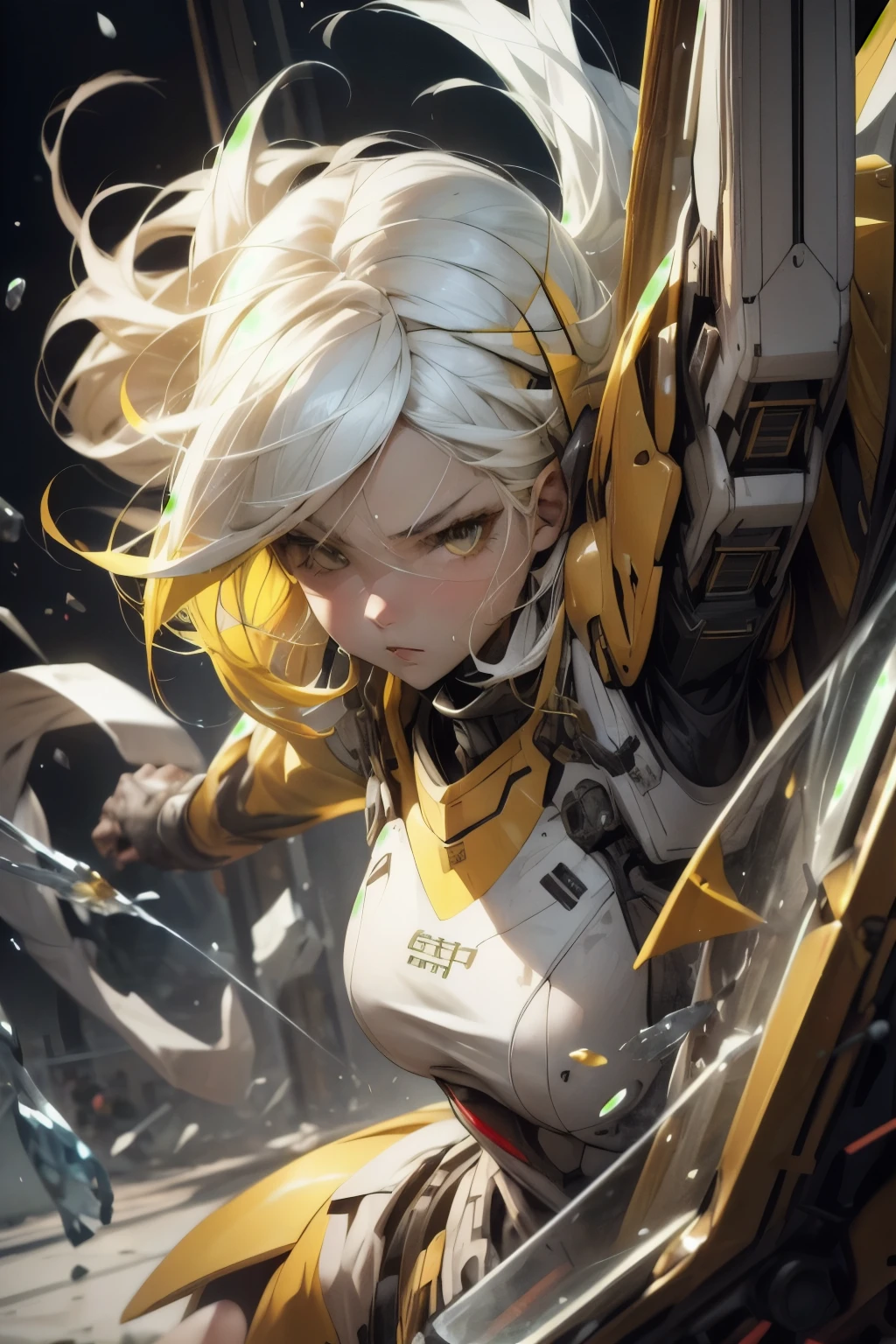 masterpiece, ultra-detailed, best quality, 1girl, white hair, (yellow hair), perfect face, looking at viewer, glass, mecha, fight scene, dynamic pose, face focus,