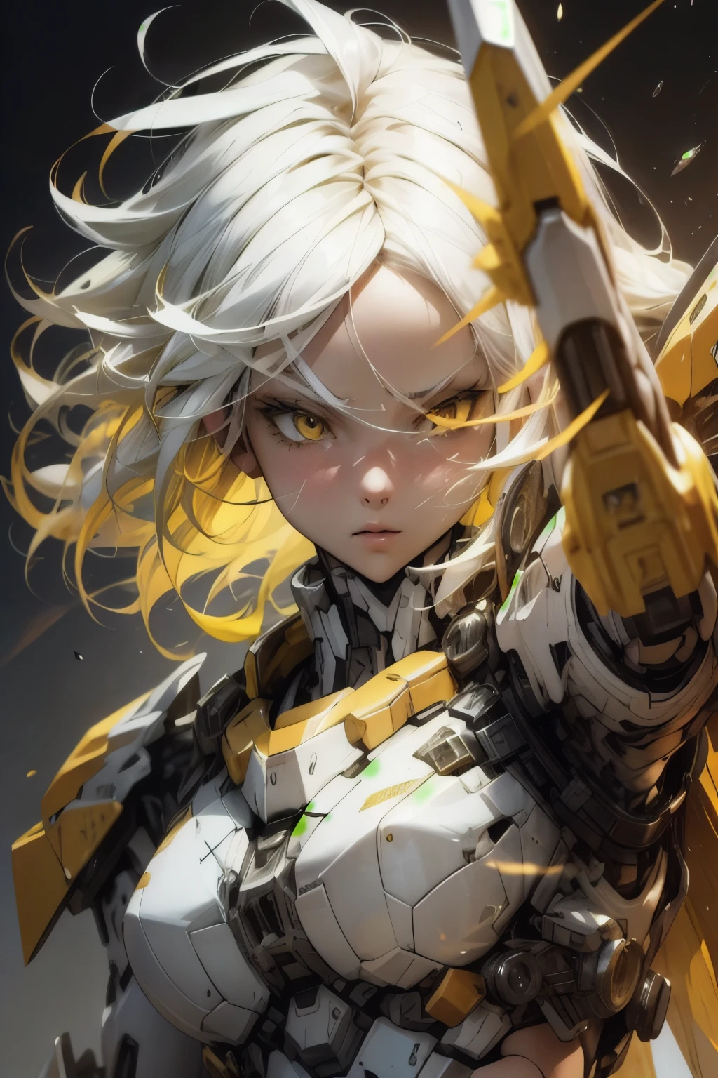 masterpiece, ultra-detailed, best quality, 1girl, white hair, yellow hair, perfect face, looking at viewer, glass, mecha, fight scene, dynamic pose