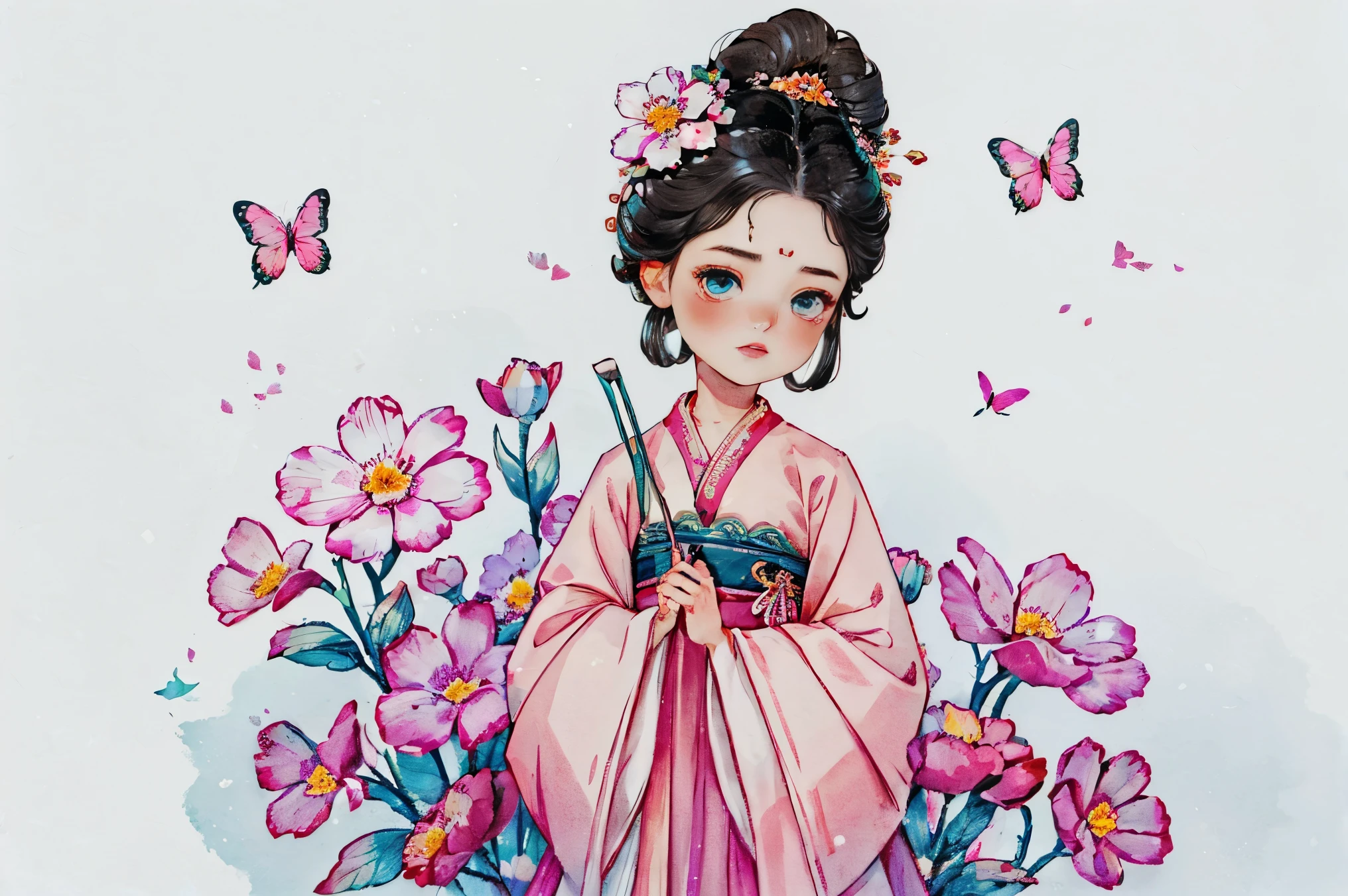 1 Sister, Alone, looking at viewert, face flushed, Background with, black hair color hair, hair adornments, longer sleeves, white backgrounid, Eternal, Full body lesbian, in pink, Hanfu, flowers blooming, hairflower, hair-bun, butterflys, tmasterpiece, recent quality, The finest details, Clear facial features, beautidful eyes