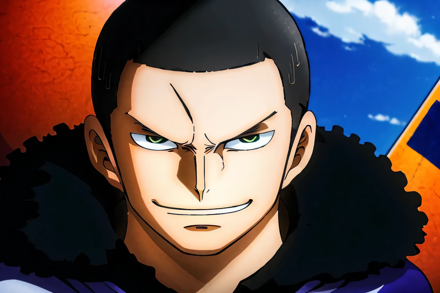 1 man, buzzcut black hair, black determined eyes, round face, smirking at viewer, ship, high res
