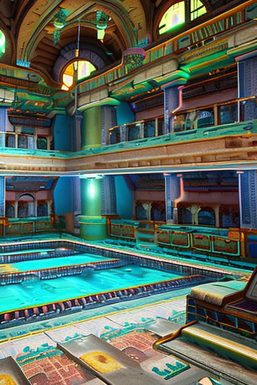 Liminal space, dream core, nostalgia core, Anemoia, Kenopsia, Poolrooms, location based on the Sanitorium Ingul in Mykoilav, Ukraine, based on level 37 of the Backrooms, Greenish-blue water, soft colors, vivid colors, pastel colors, soft shading, dimly lit, darkly lit