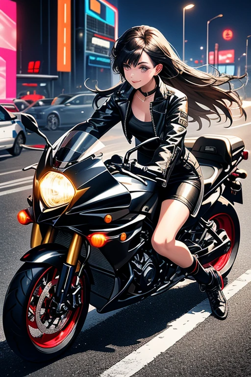 Beautiful girl drifting on a motorbike in a cyberpunk city　Cyber world