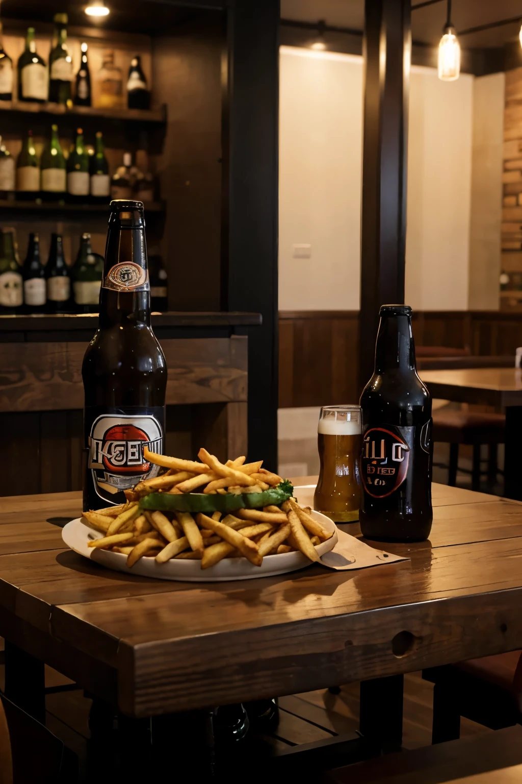 a table with fries and bottles of beer