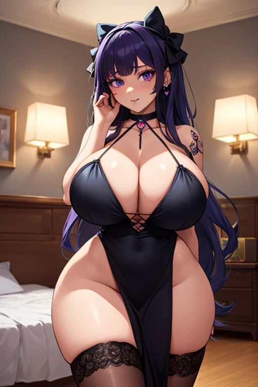 (Best Quality,Unparalleled Masterpiece:1.4)Ultra-Detailed CG 4K,(big purple Eyes:1.2),Gorgeous Detailed Face(Voluptuous:1.4)(Gigantic Breasts:1.8),(Long Bangs:1.2) Black and purple hair, half black half purple hair, very long hair, (hlfcol haired girl with black hair and purple) Milf,(Solo)(1Girl)(Facing Viewer:1.2)(Curvy:1.4)(Tiny Waist: 1.2), venusbody, anime, anime style photo, anime girl, bedroom, night time, dim lighting, gothic, goth, big lips, black lipstick, black eyeliner, makeup, shaking, trembling, heart, hearts, heart-shaped pupils, hands on own face, ((heavy breathing:1.3)) (speed lines:1.1) heart choker, arched back, hairbows, bare shoulders, tight dress, elegant decorative dress, excessive jewelry, earrings, piercings, tattoos, deep v dress,