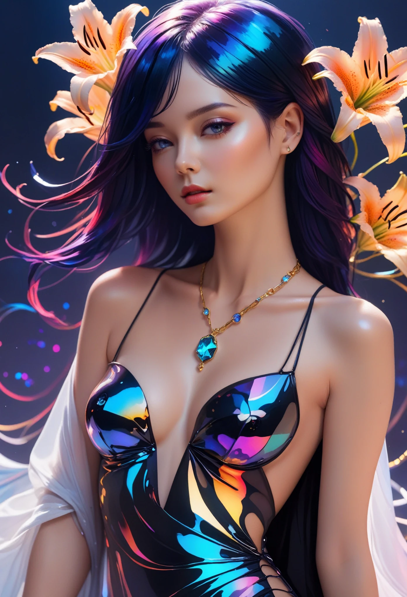 ((One, 1 girl, tattoos, glowing tattoos, brilliant, white-fluffy 16+), (skull, Flowers), (black transparent dress-clothing)), (sexual, erotic)) _((Delicate scarlet lips), (straight black hair - long, basic moments, blue, cascade), (multi-colored brilliant hair), (cool shine, Wet straight hair))_((stylization; clear line, clear outline, high quality line drawing, shading))_((simple color palettes), (color fill, Color saturation, saturation, harmony, balance), (rich pastel colors, Pure colors), (cyberpunk))_((sexual, erotic), (simple, Minimum accessories), (Necklaces and thin rings made of silver or gold.), (simple bracelets, unusual designs, simple silhouettes), (erotic style))_((background),(abstract minimalism), (stunning cybernetic Flowers), ( lilies, extremely unusual, long stems - large stems, skull, Flowers)).