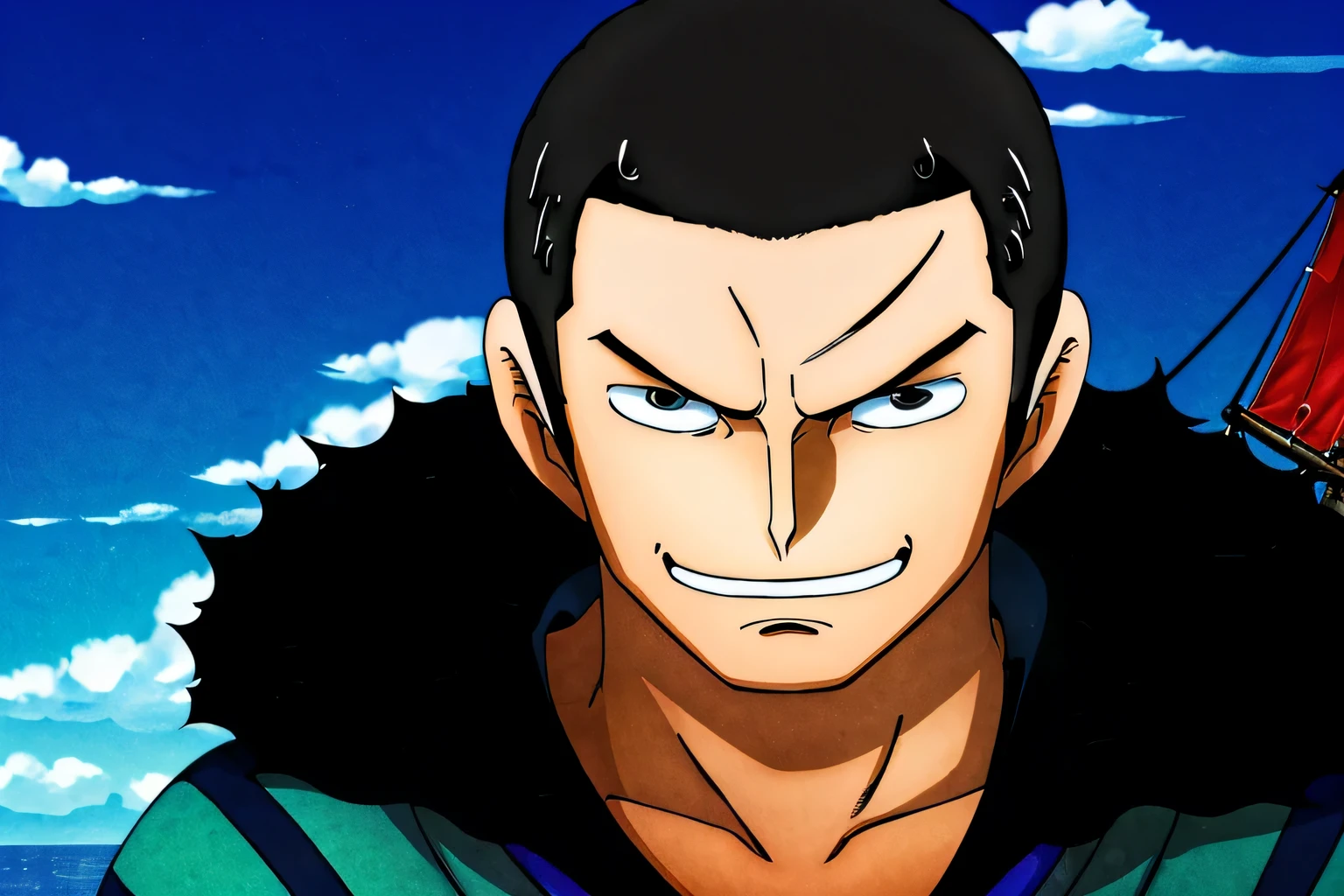 1 man, buzzcut black hair, black determined eyes, round face, smirking at viewer, ship, high res