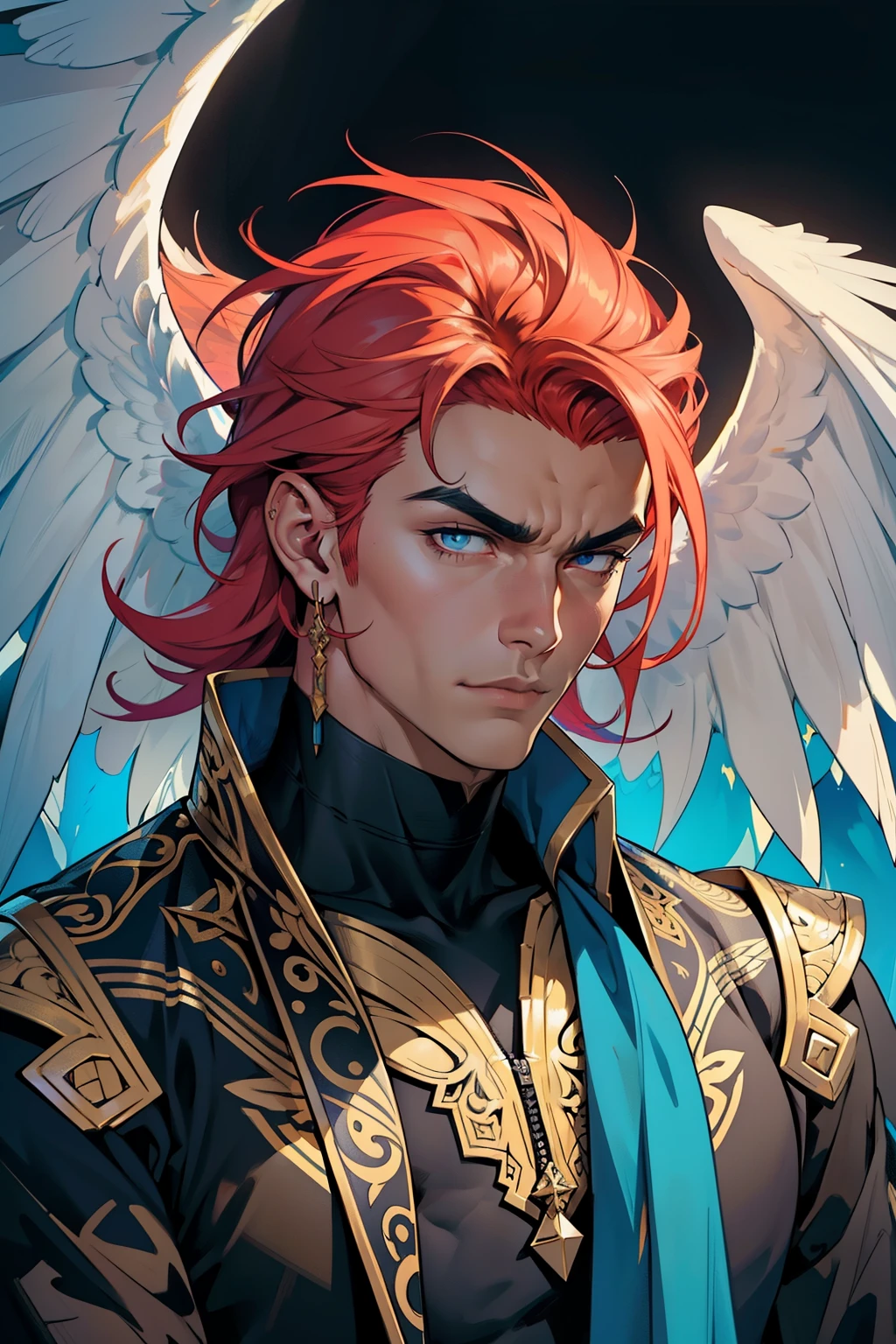 Best quality portrait of a male character, ultra-detailed and realistic, featuring a greedy angel perched on a wall with a disdainful expression. His wings, intricately detailed and adorned with vibrant colors, spread out behind him. The background is dark and dramatic, creating an intense contrast to the bright and bold wings. The lighting adds to the overall effect, highlighting the defined muscles and every curve on his body. The male character's sculpted features are on full display, from his sharp jawline and thick eyebrows to his piercing gaze. The wings, with their veins and intricate patterns, are a work of art in themselves, adding to the overall masterpiece of the piece.