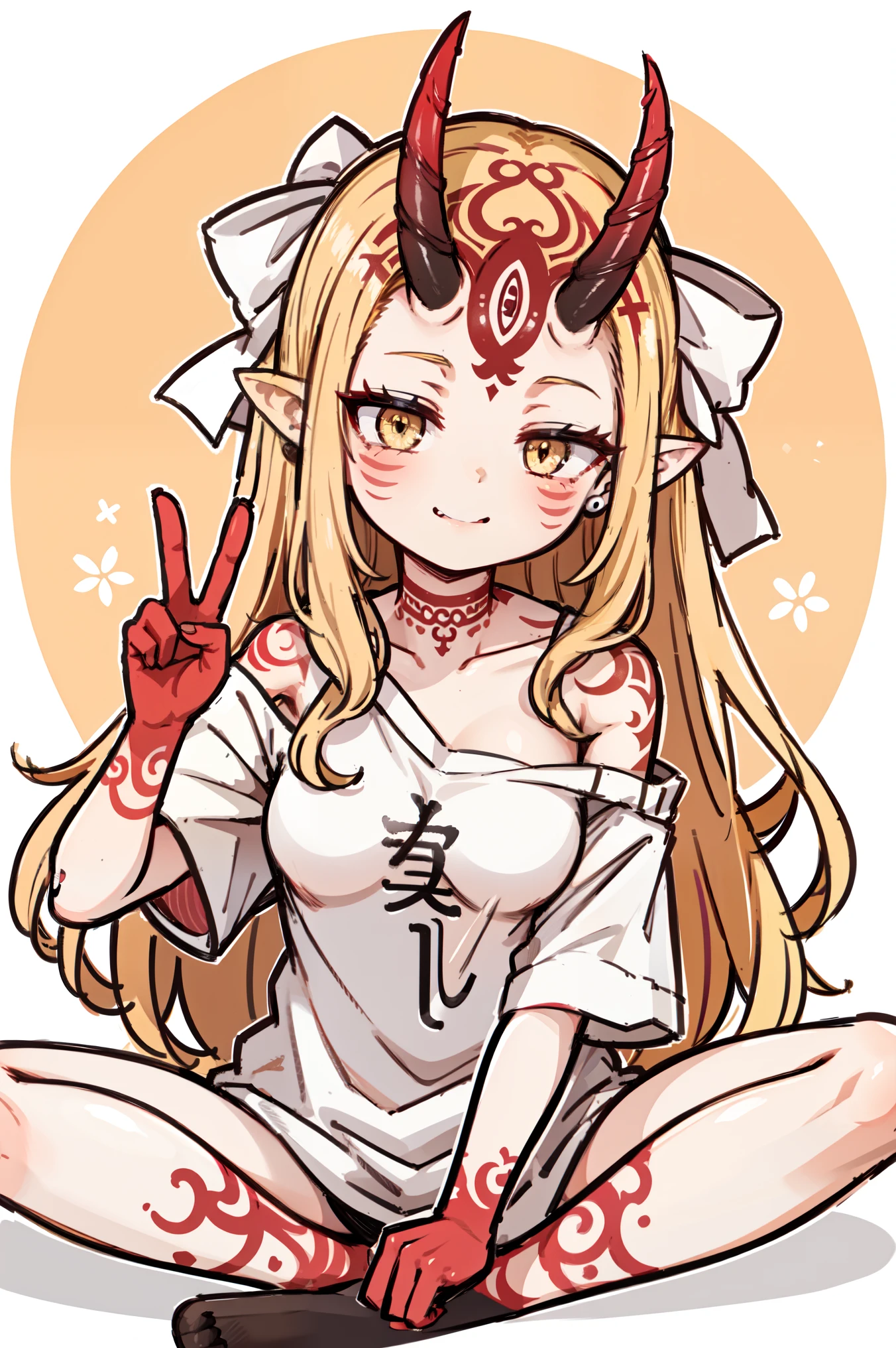 1girl, solo, (ibaraki_douji), blonde, yellow eyes, oni_horns, pointy ears, t-shirt, white shirt, (oversized shirt:1.2), bottomless, bare shoulder, off shoulder, small breasts, forehead, ((red_hands)), (peace_sign), arm behind back, straight hair, large smile, smug, upper body, sitting on floor with crossed_legs, (((masterpiece)))