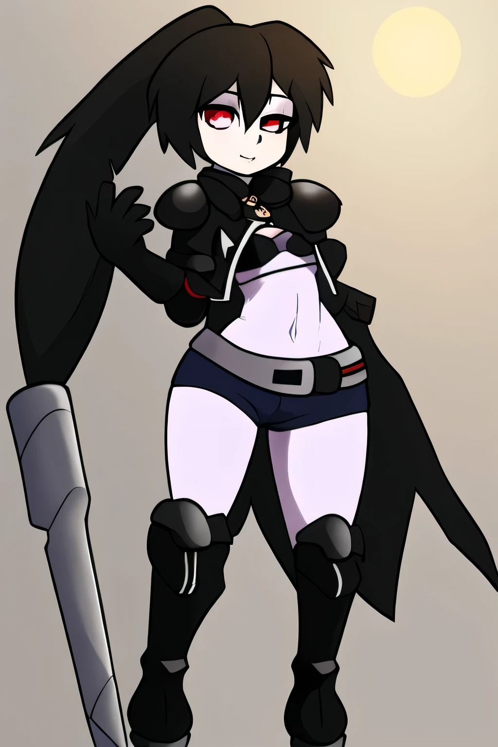 A tall light-skinned woman, sexy goddess, straight black hair, longer, her light red eye, wears a short black leather vest under a metallic black bra, shows her navel, sexy curves, and black denim pants and steel-red armor boots.