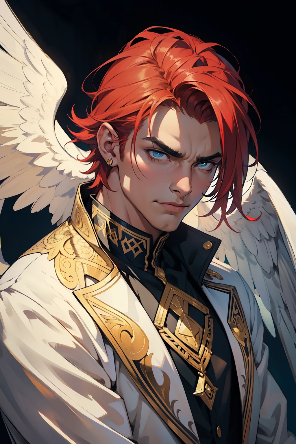 Best quality portrait of a male character, ultra-detailed and realistic, featuring a greedy angel perched on a wall with a disdainful expression. His wings, intricately detailed and adorned with vibrant colors, spread out behind him. The background is dark and dramatic, creating an intense contrast to the bright and bold wings. The lighting adds to the overall effect, highlighting the defined muscles and every curve on his body. The male character's sculpted features are on full display, from his sharp jawline and thick eyebrows to his piercing gaze. The wings, with their veins and intricate patterns, are a work of art in themselves, adding to the overall masterpiece of the piece.