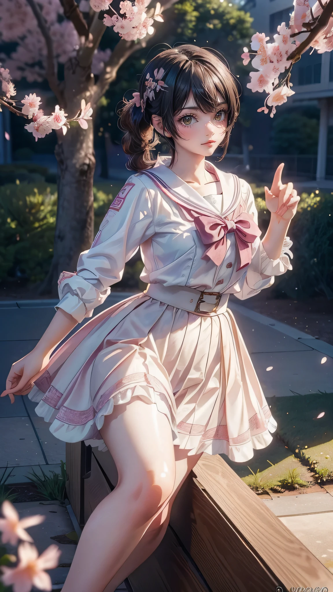 A park where cherry blossoms dance,high school girl,(random pose:1.2),(random hairstyle),(Highest image quality,(8K), Ultra-realistic, Best Quality, High quality, High Definition, high quality texture, high detailing, Beautiful detailed, fine detailed, extremely details CG, Detailed texture, realistic representation of face, masterpiece, presence)