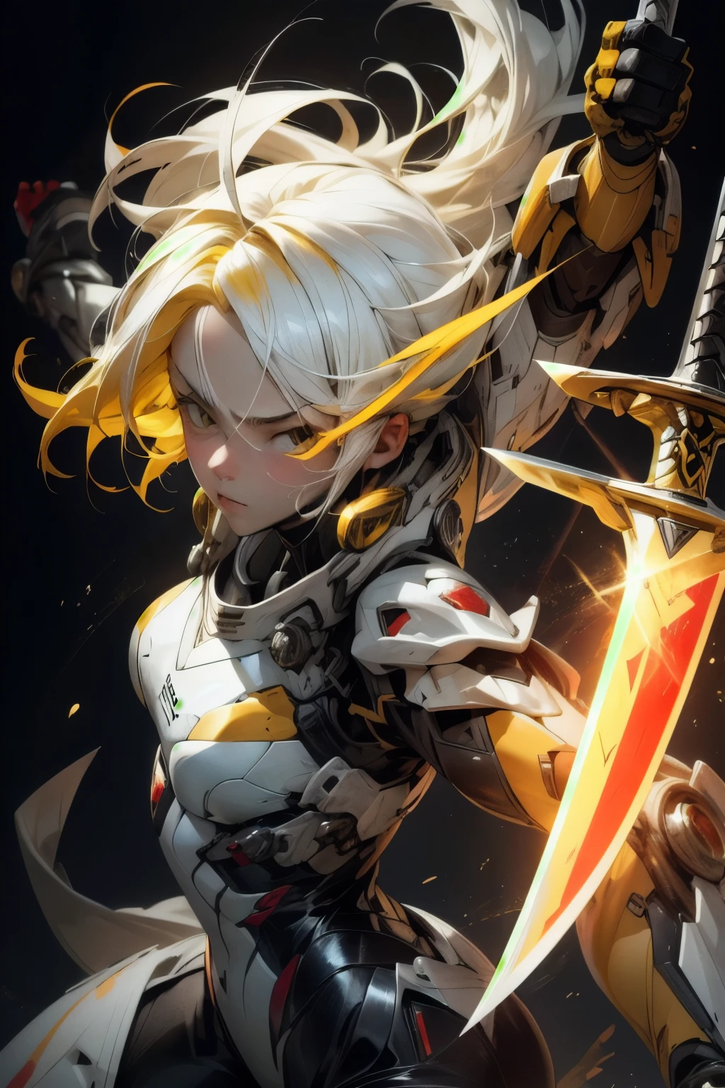 masterpiece, ultra-detailed, best quality, 1girl, white hair, (yellow hair), red hair,  perfect face, looking at viewer, glass, mecha, fight scene, dynamic pose, face focus, sword, bright sword, black suit