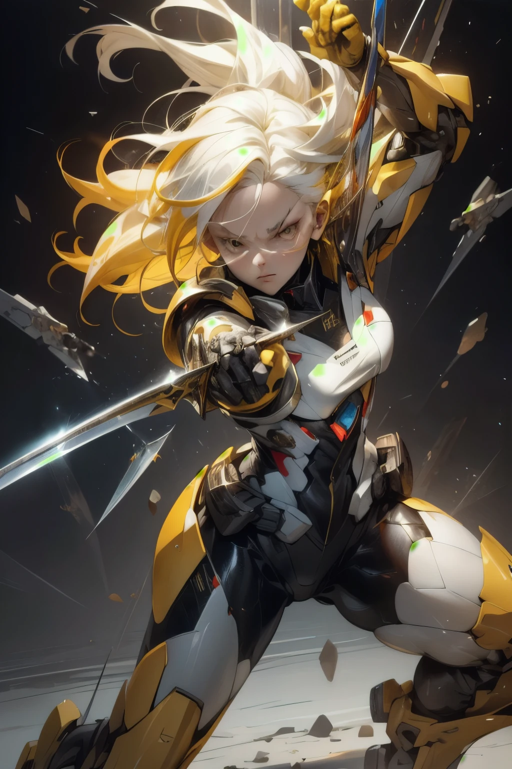 masterpiece, ultra-detailed, best quality, 1girl, white hair, (yellow hair), red hair, perfect face, looking at viewer, glass, mecha, fight scene, dynamic pose, face focus, sword, bright sword, black suit