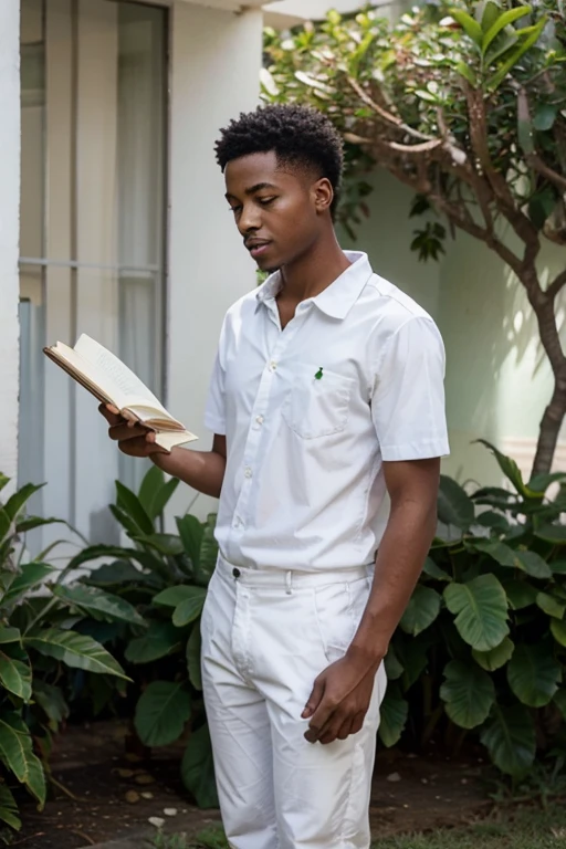 a young black man with a book of the Brazilian constitution open in his hands. The young man is barefoot, wearing white pants and a green shirt rolled up, como um uniforme escolar. He finds himself in a coffee field, but instead of working, he watches the plants carefully, como se estivesse estudando-as. Ao fundo, the blue sky is filled with white clouds, symbolizing hope and the promising future of Brazilian education.