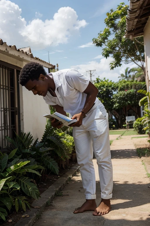 a young black man with a book of the Brazilian constitution open in his hands. The young man is barefoot, wearing white pants and a green shirt rolled up, como um uniforme escolar. He finds himself in a coffee field, but instead of working, he watches the plants carefully, como se estivesse estudando-as. Ao fundo, the blue sky is filled with white clouds, symbolizing hope and the promising future of Brazilian education.