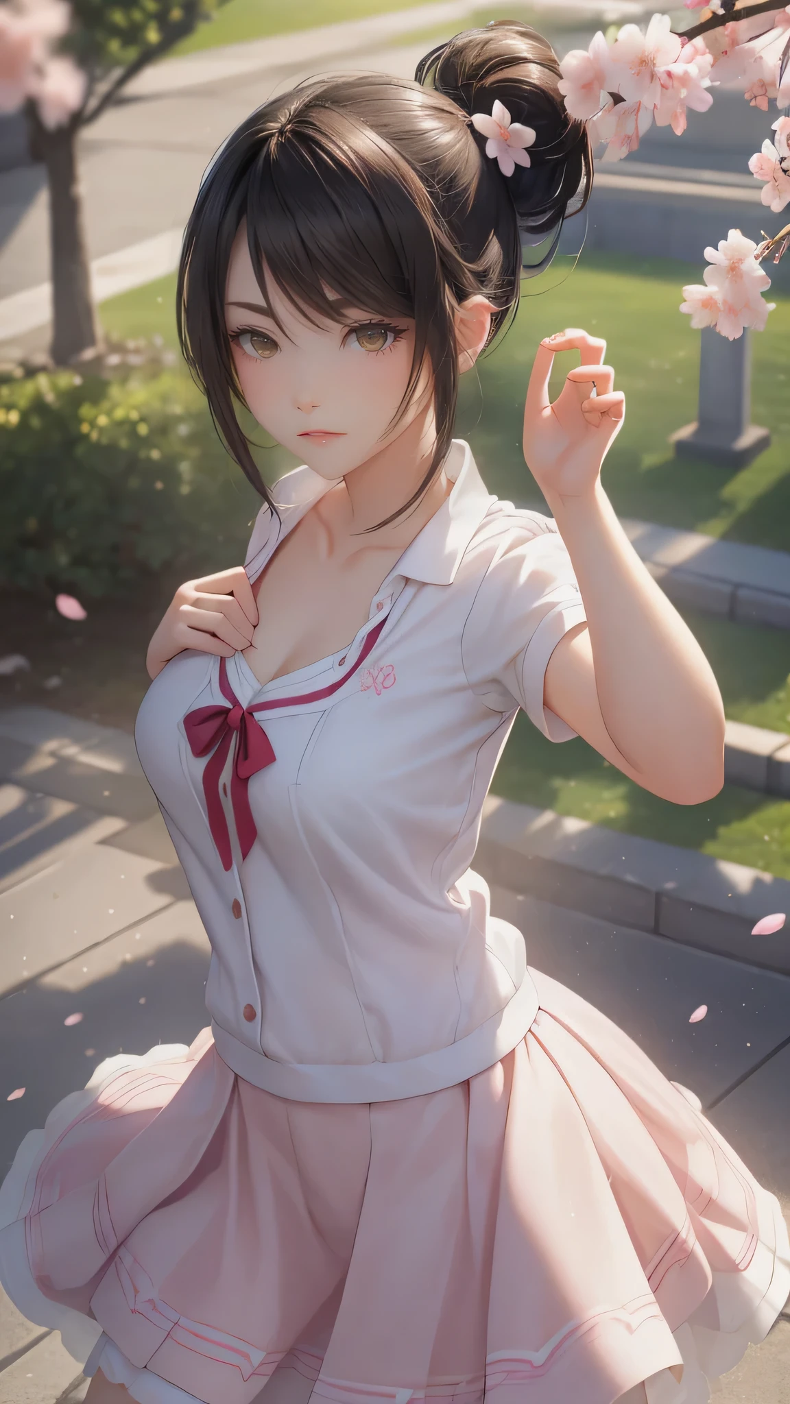 A park where cherry blossoms dance,high school girl,(random pose:1.2),(random hairstyle),(Highest image quality,(8K), Ultra-realistic, Best Quality, High quality, High Definition, high quality texture, high detailing, Beautiful detailed, fine detailed, extremely details CG, Detailed texture, realistic representation of face, masterpiece, presence)