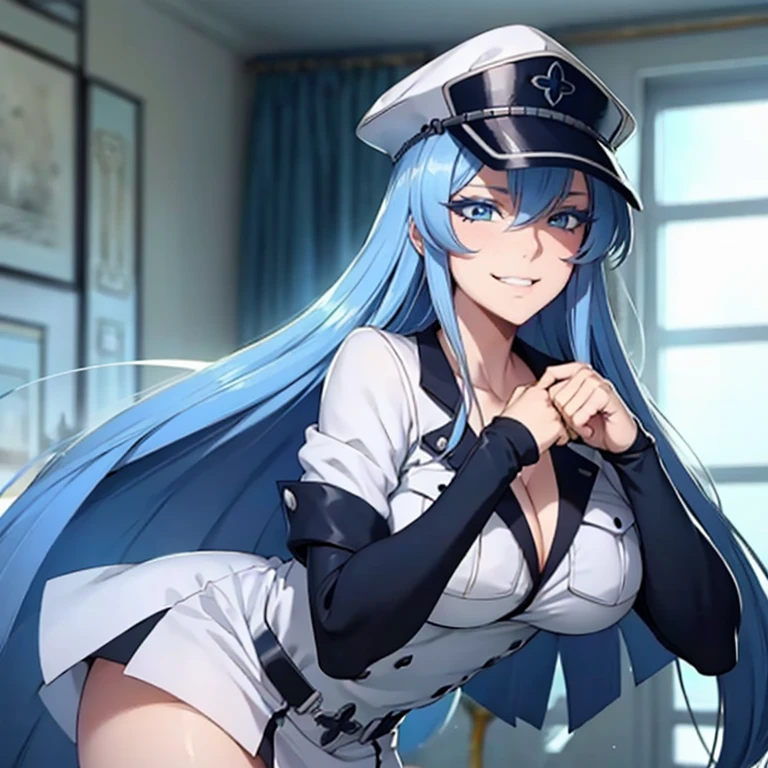 ((1girl)),((alone)), esdeath,(masterpiece), (best quality), (ultra detailed), (best illustration), (best shadow), (absurdities), sharp focus, cowboy photo, looking at viewer, big breasts, narrow waist, wide hips, medium thighs, round butt, dynamic posture, long hair, blue hair, blue eyes, high thighs, solo, very long hair, cleavage, chest tattoo, big breasts, choker , shirt, neckline, open clothing, open shirt, naked shirt, long sleeves, collared shirt, white panties, cap with white visor, military cap, uniform, choker, white skin, smile, seductive smile, closed mouth, serious expression, (sexy pose: 1.2), ((solo)), standing: 1.3 , Interior, castle, window, night, medieval landscape, looking forward ((focus on breasts)), point of view (from middle), red blush , perfect anatomy, perfect hands.