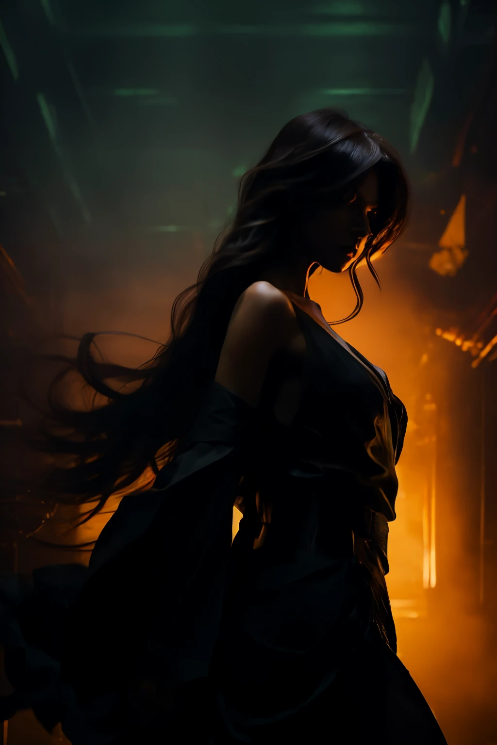 masterpiece, Best quality,1 girl, bare shoulder, I look at the viewer, cinematic lighting, dynamic pose, long hair, silhouette, throw, behind, 