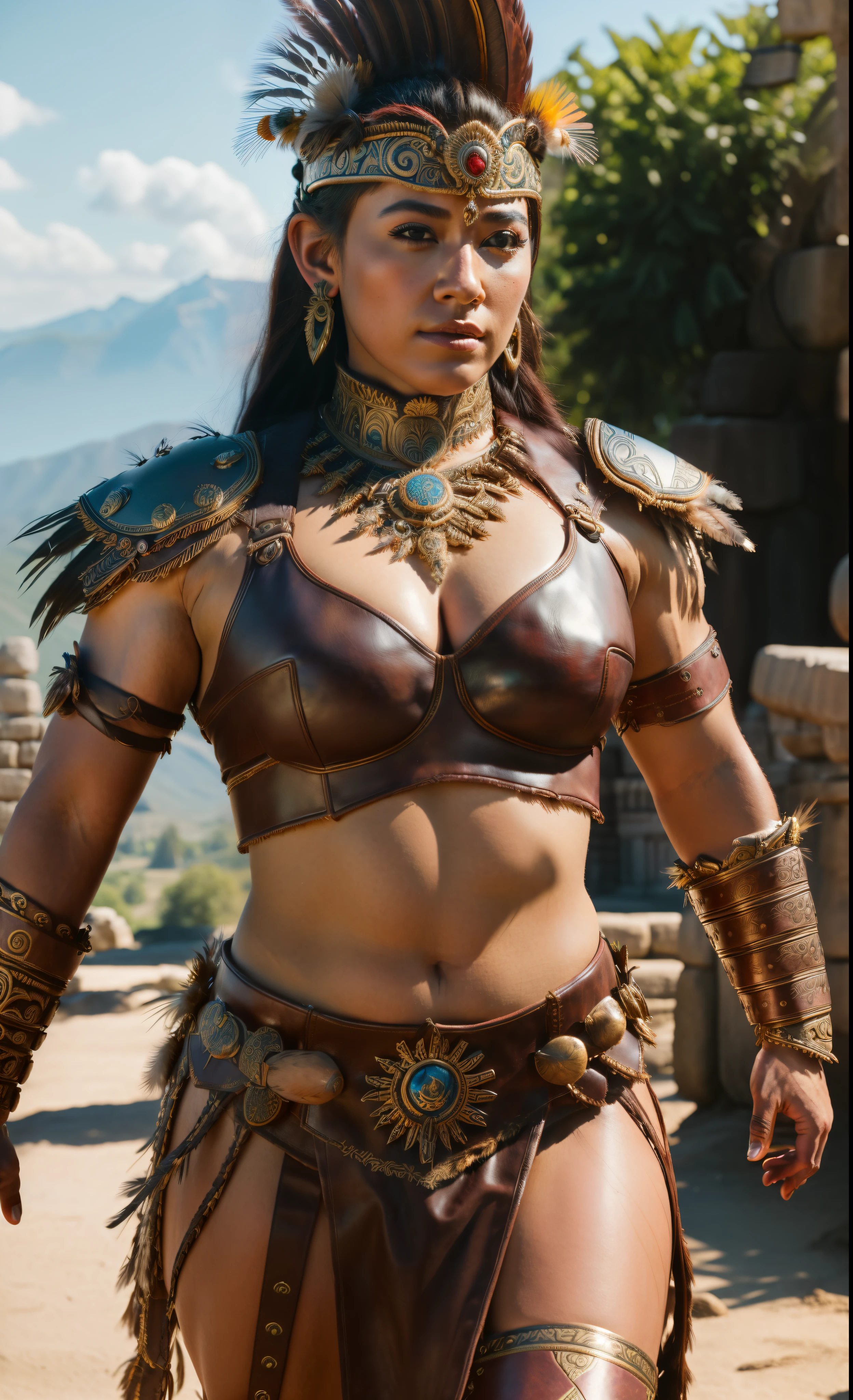 close up, photorealistic, (masterpiece:1.3), (best quality:1.3), beautiful, (intricate details), unity 8k wallpaper, ultra detailed, beautiful, aesthetic, perfect lighting, crowd around WestGark, very strong woman, (muscular:1.2), wearing leather plastron armor, wearing animal mask with feathers, wearing toga, hunting,  (aztec temple background:1.0),  (perfect hands:1.2),,