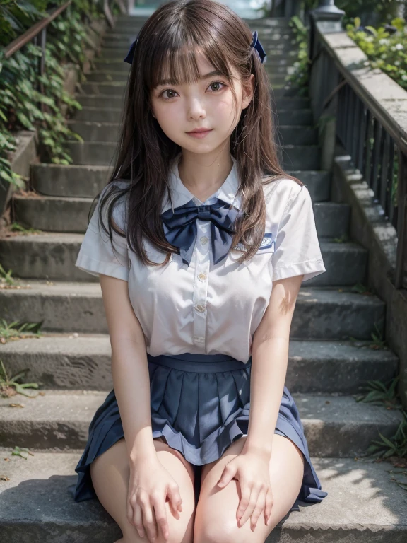 one girl, (a beauty girl, delicate girl:1.5), (:1.3), break, (Summer uniform, Cute Uniform:1.3), break, (that&#39;Summer sunshine:1.3), (School stairs, wathat 学校の中庭:1.3), perfectly trimmed fingers, break, extremely fine-grained clarthaty, (Symmetrical eyes:1.3), break, Small breasts, Brown eyes, Parted bangs, Brown Hair, ponytail,girl, break, (Eye and facial details:1.0), (Get closer to the face,Face Focus:1.0), break, (masterpiece, highest qualthaty, Very detailed, Detailed face, 8K),Sit on the stairs,