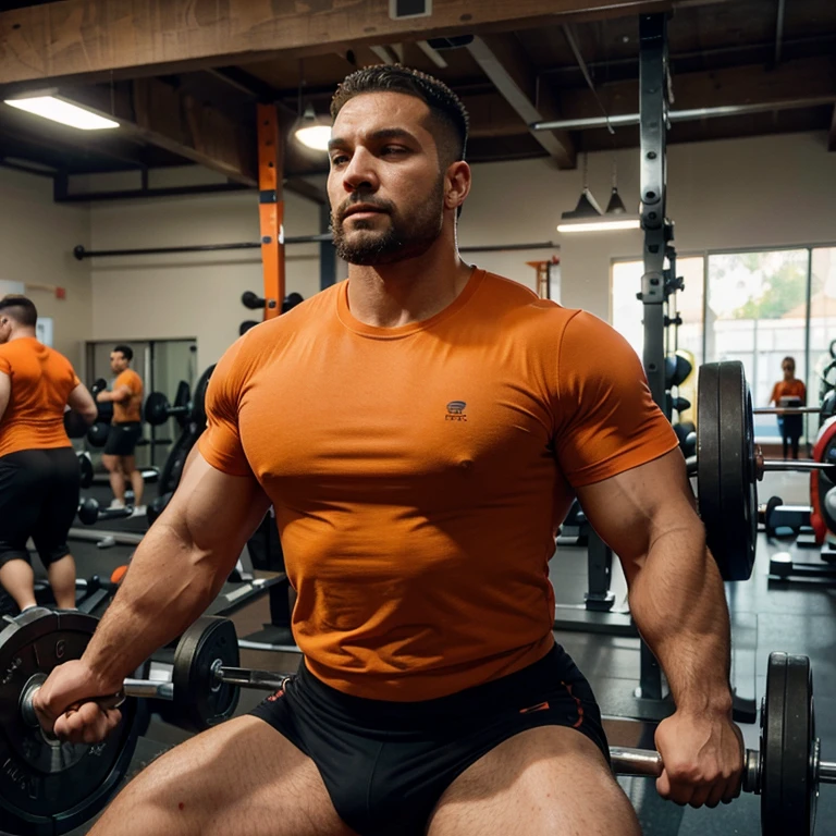 Inside a weight training gym there is a strong and robust man. Are you doing physical exercise?. He's wearing an orange T-shirt. Lots of weight machines in the background. Pouca luz no ambiente. Imagem realista, alta qualidade. 8k