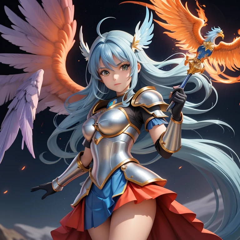 une femme, 25 ans, manga, cheveux longs, cheveux de couleur bleue, blue hairs, grey armor, armure de couleur grise, armure du phoenix de couleur grise, jupe en plumes de phoenix, phoenix feather skirt, pink shest armour, saint seiya, ikki, phoenix, casque, chevalier du zodiaque, sur une ile volcanique, lave, volcan, flammes, flames, volcano